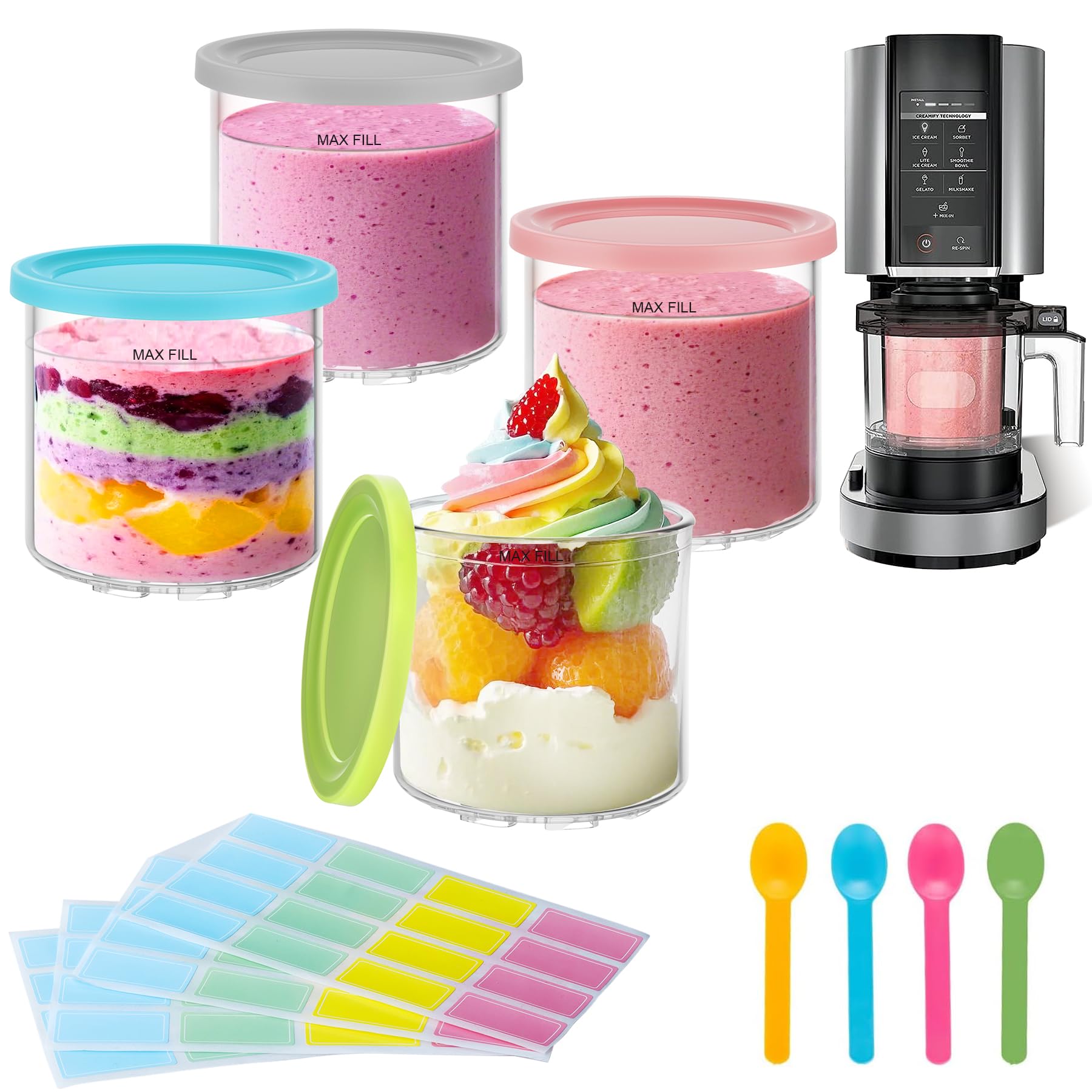 4 Pack Creami Pint Containers with Lids for Ninja NC299 & NC300 Series - BPA Free, Dishwasher Safe Ice Cream Maker Accessories in Assorted Colors - Perfect for Homemade Ice Cream, Gelato, and Frozen Treats