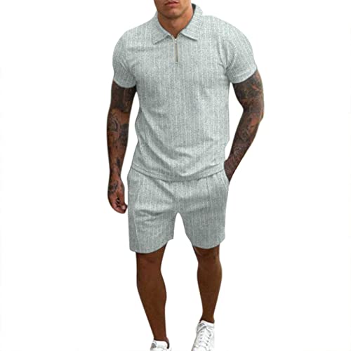 Men's Casual Striped Two-Piece Set - Zipper Collar Blouse & Drawstring Pocket Shorts | Lounge Wear, Summer Outfits, Street Style Fashion