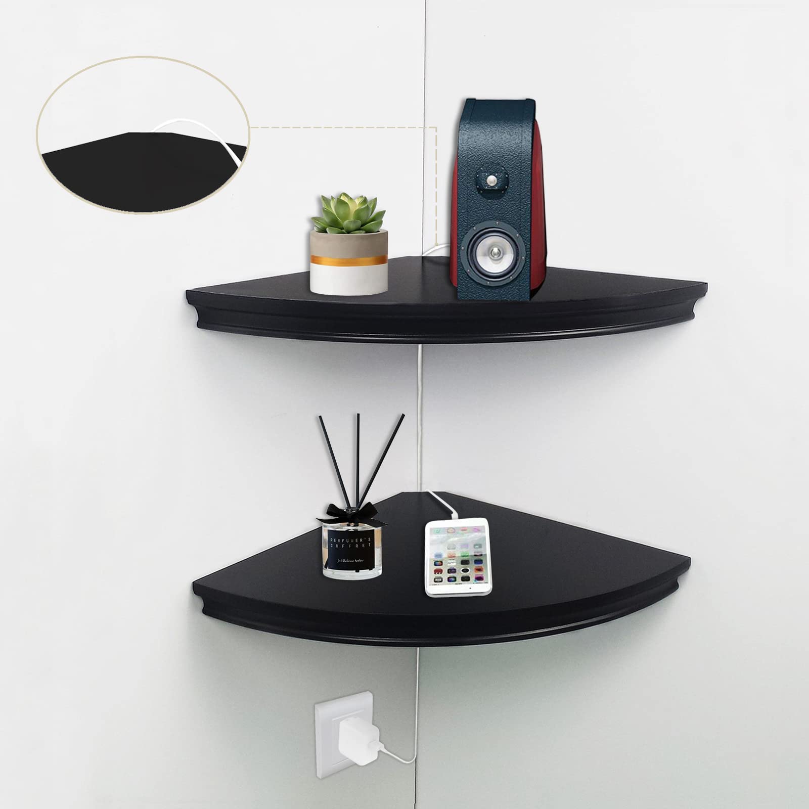 HAO Floating Corner Shelf - Set of 2 Invisible Wall Mounted Shelves with Radial Design & Cable Hole - Space Saving Storage for Bedroom, Bathroom, Living Room, Kitchen - Perfect for Displaying Decor, Plants & Organizing Essentials (Black)