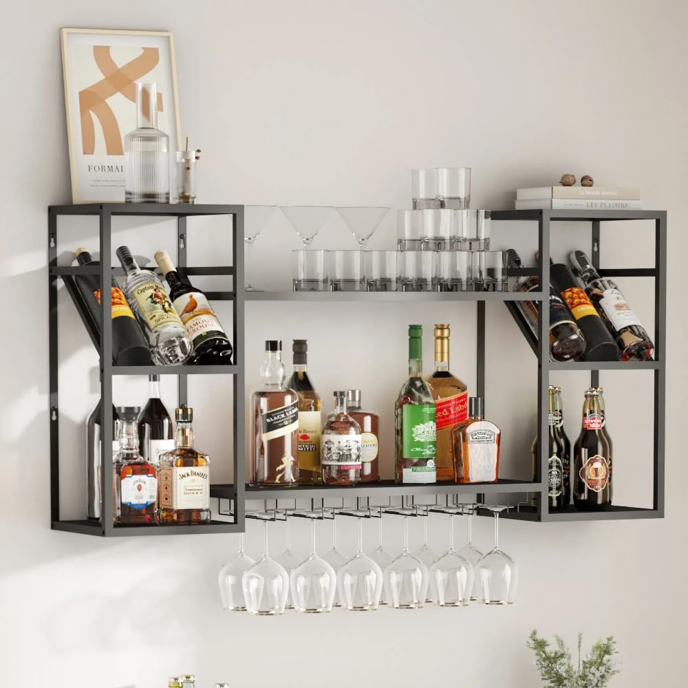 Modern Metal Wall Mounted Wine Rack - Multi-Functional Bar Shelf with Glass Holder for Liquor Bottles - Perfect for Home Bar, Kitchen & Dining Room Organization - Ideal for Wine Storage, Entertaining Guests & Small Space Decor