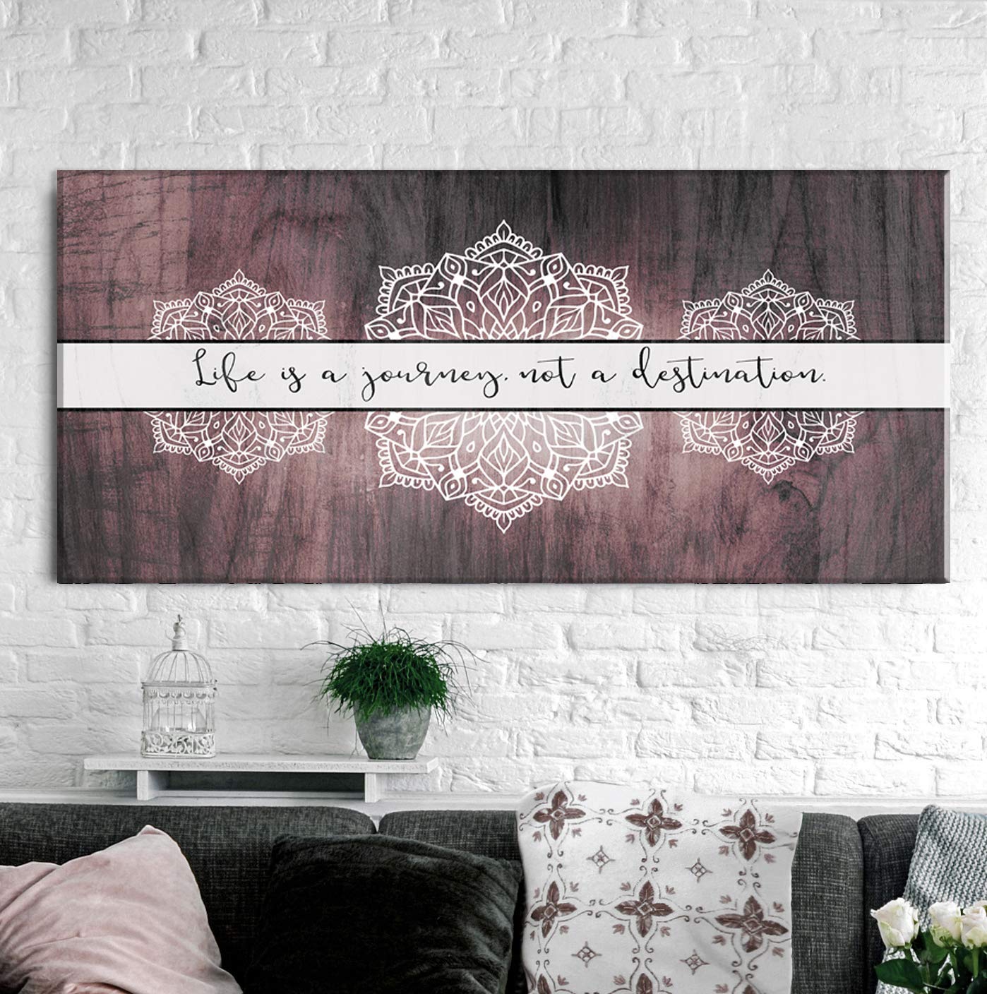 Boho Life Is A Journey Sign - Large Canvas Wall Art with Bohemian Floral Pattern | Modern Home Decor for Bedroom | Framed Wall Poster in Dusty Pink (42x19) - Perfect for Bohemian Style Bedrooms, Living Rooms & Office Spaces