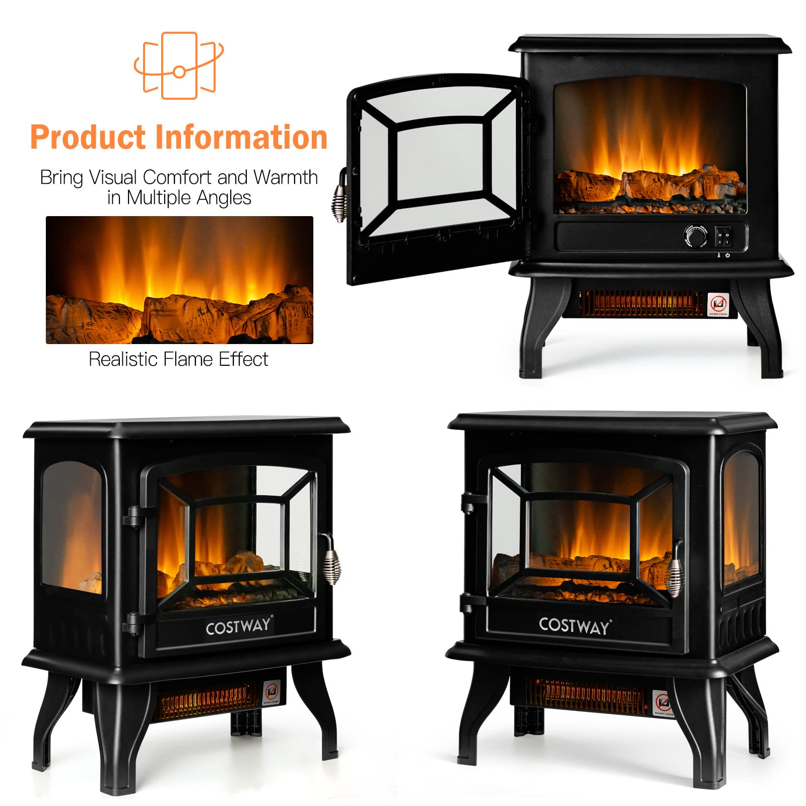 COSTWAY Freestanding Electric Fireplace Heater with Realistic Dancing Flame, Adjustable Thermostat & Overheat Protection - 1400W Indoor Electric Stove for Living Room, Bedroom & Office Warmth