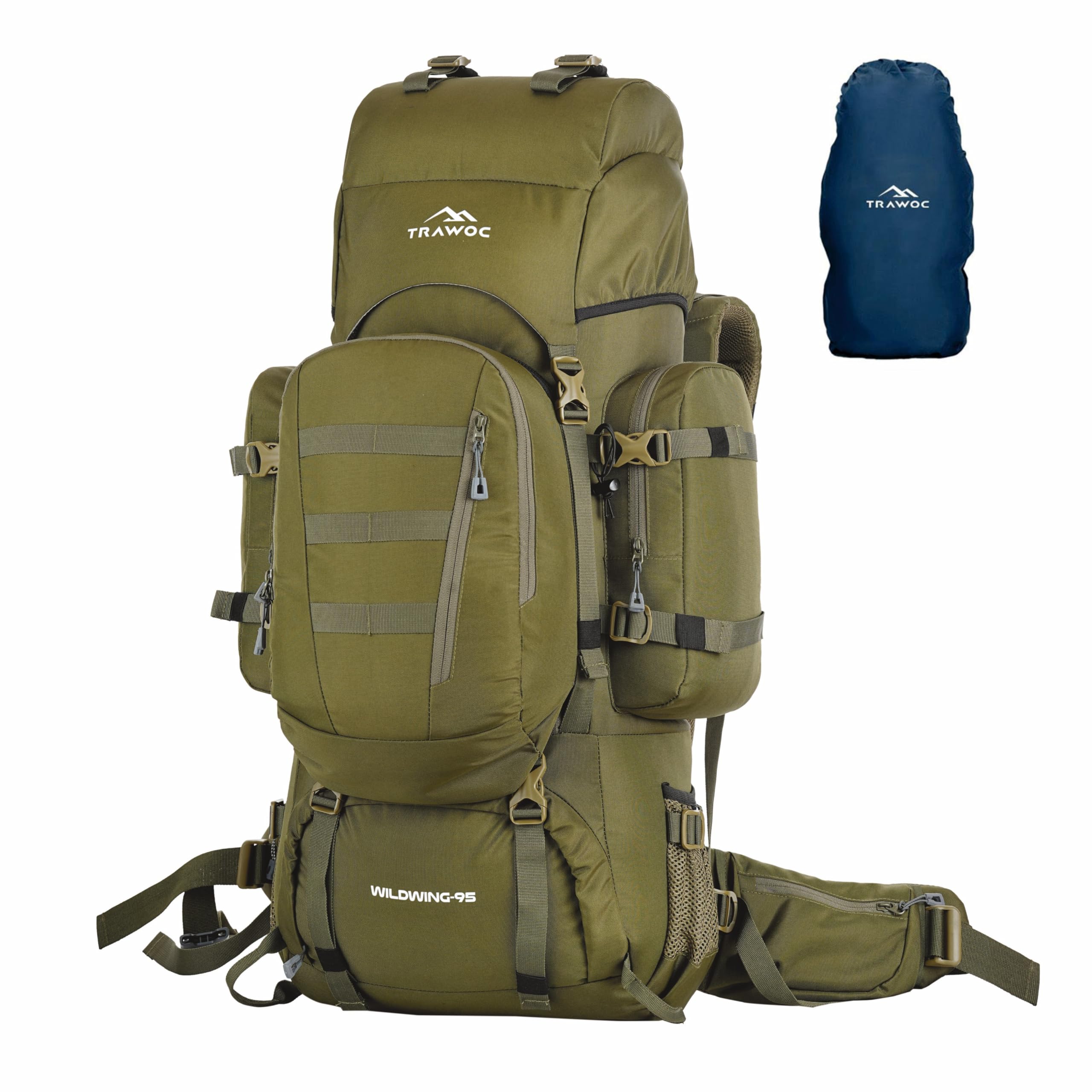 WILDWING 95L Internal Frame Travel Backpack with Detachable Daypack - Lightweight Hiking & Trekking Backpack for Men & Women - Olive Green - Perfect for Camping, Backpacking & Outdoor Adventures