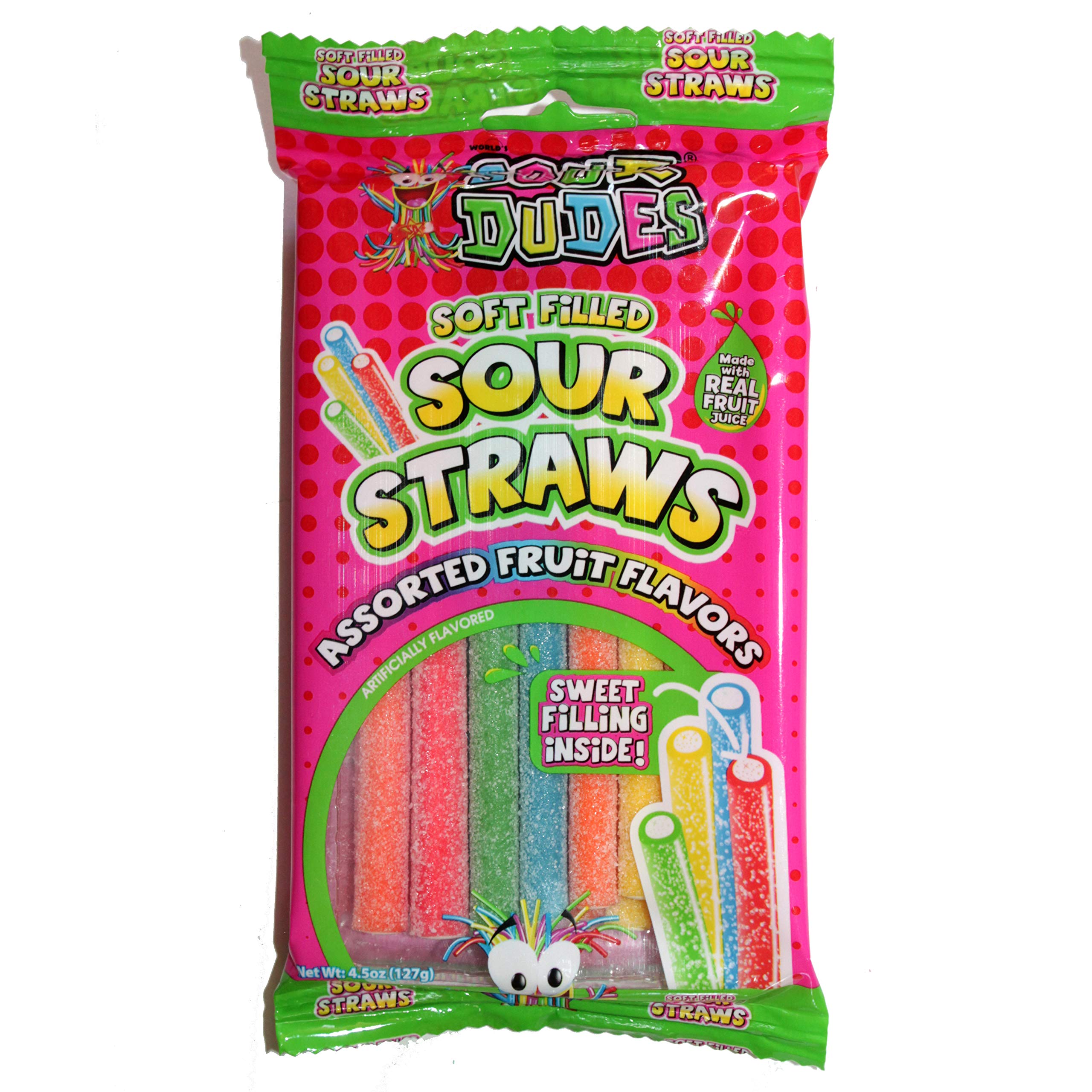 Sour Dudes Soft Filled Sour Straws Candy - Sweet & Tangy Assorted Fruit Flavors - Made with Real Fruit Juice - 4.5oz Pack - Perfect for Parties, Snacking & Lunchbox Treats