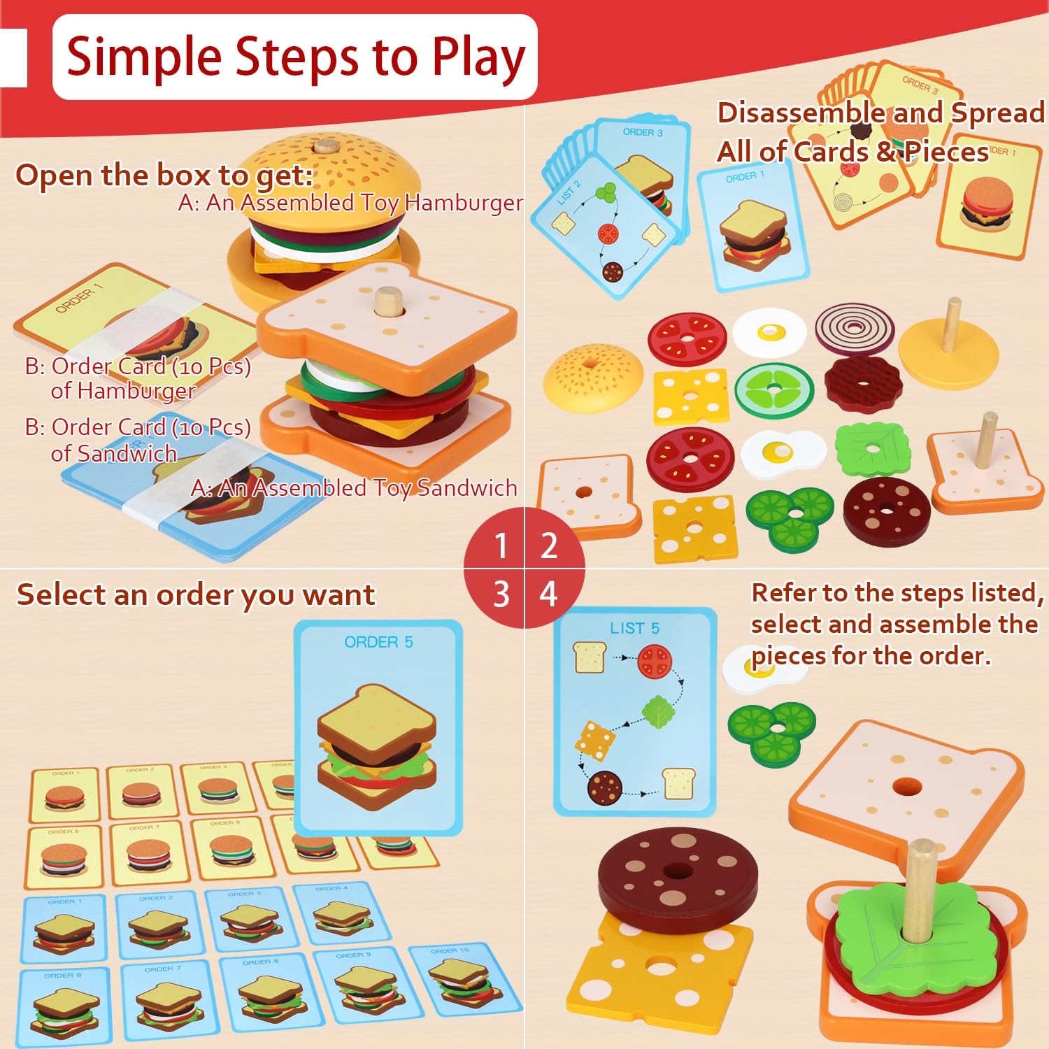 Montessori Wooden Stacking Blocks & Pretend Play Food Set - Educational Toddler Toys for 3 4 5 Year Old Boys & Girls | Preschool Learning Games, Classroom Activities & Kids Birthday Gifts (30-Piece Set) - Perfect for Early Childhood Development, Sensory Play & Imaginative Role-Playing Scenarios