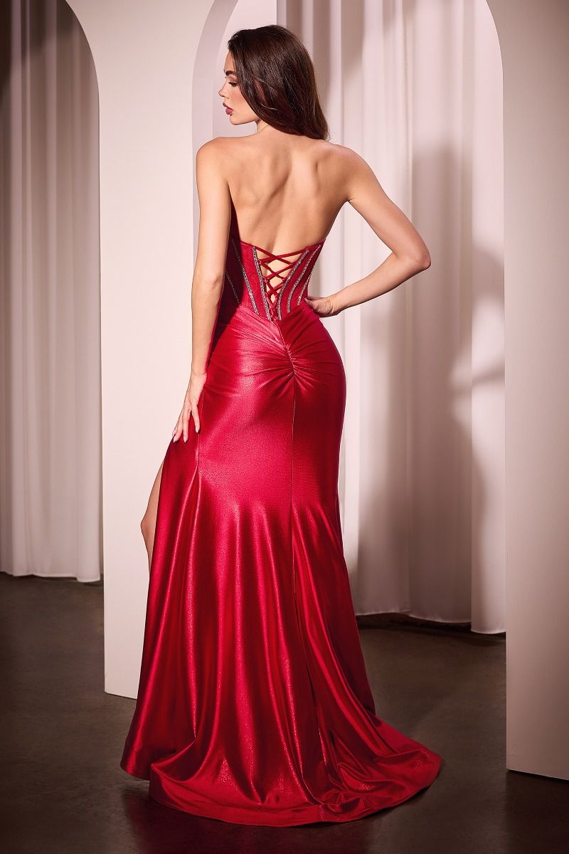 Elegant Strapless Lace Bodice Satin Fitted Gown - Perfect for Weddings, Prom & Formal Events