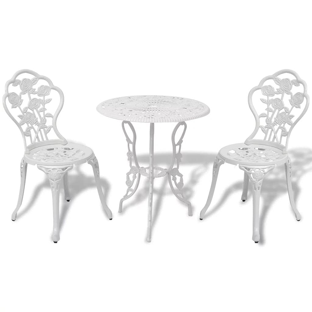 All-Weather Outdoor Bistro Set - 3-Piece White Cast Aluminum Patio Dining Table & Chairs for Poolside, Garden, Deck, Picnic & Backyard Entertaining