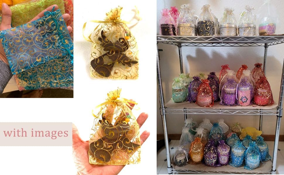 20 Pack Brown Leaf Printed Transparent Organza Gift Bags - Elegant Jewelry Pouches for Wedding, Diwali, Rakhi & Party Favors | Perfect for Gifting, Jewelry Storage & Special Occasions