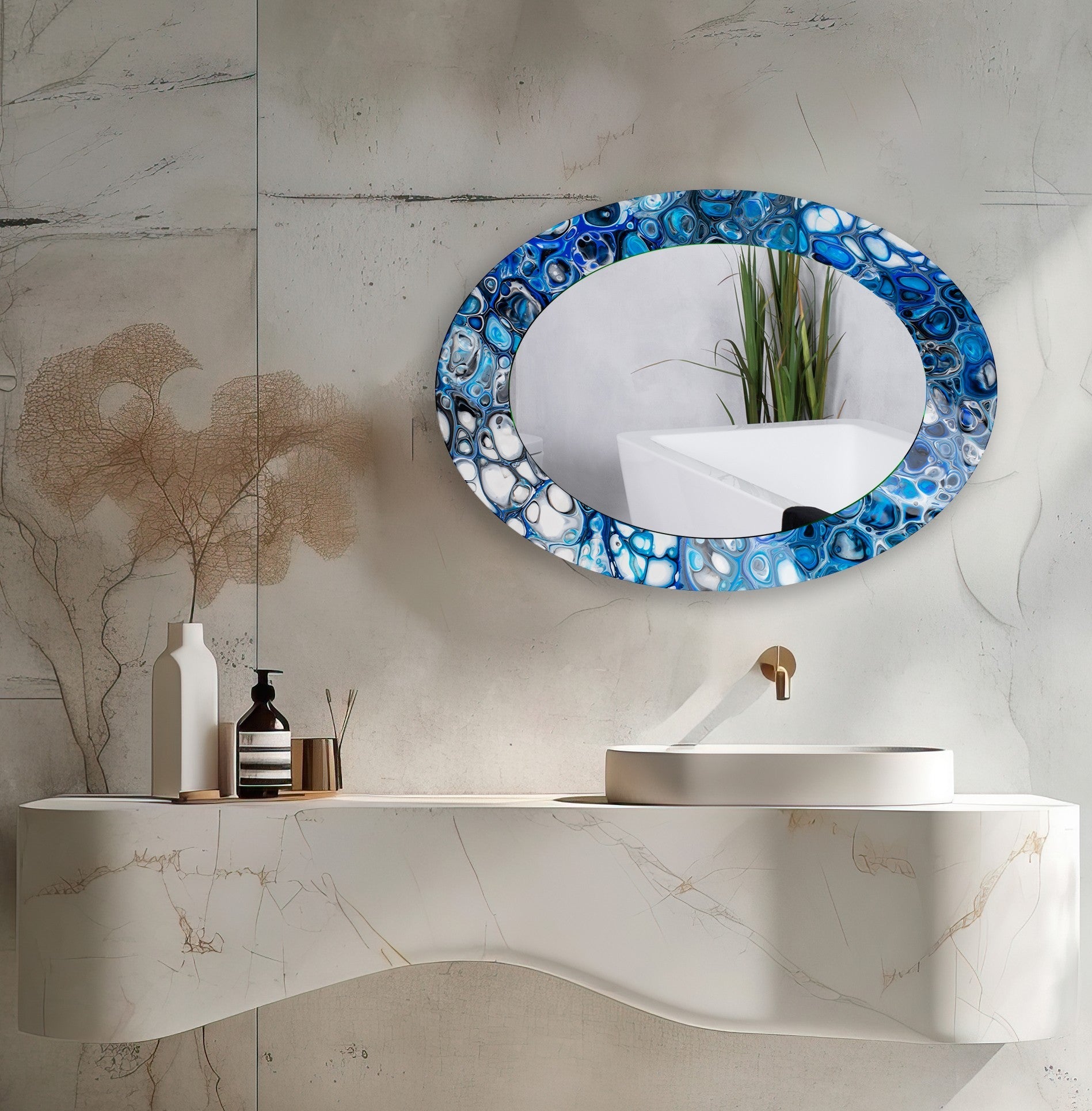 Blue Modern Oval Wall Mirror - Elegant Home Decor for Living Room, Bedroom & Entryway - Perfect for Adding Style & Space