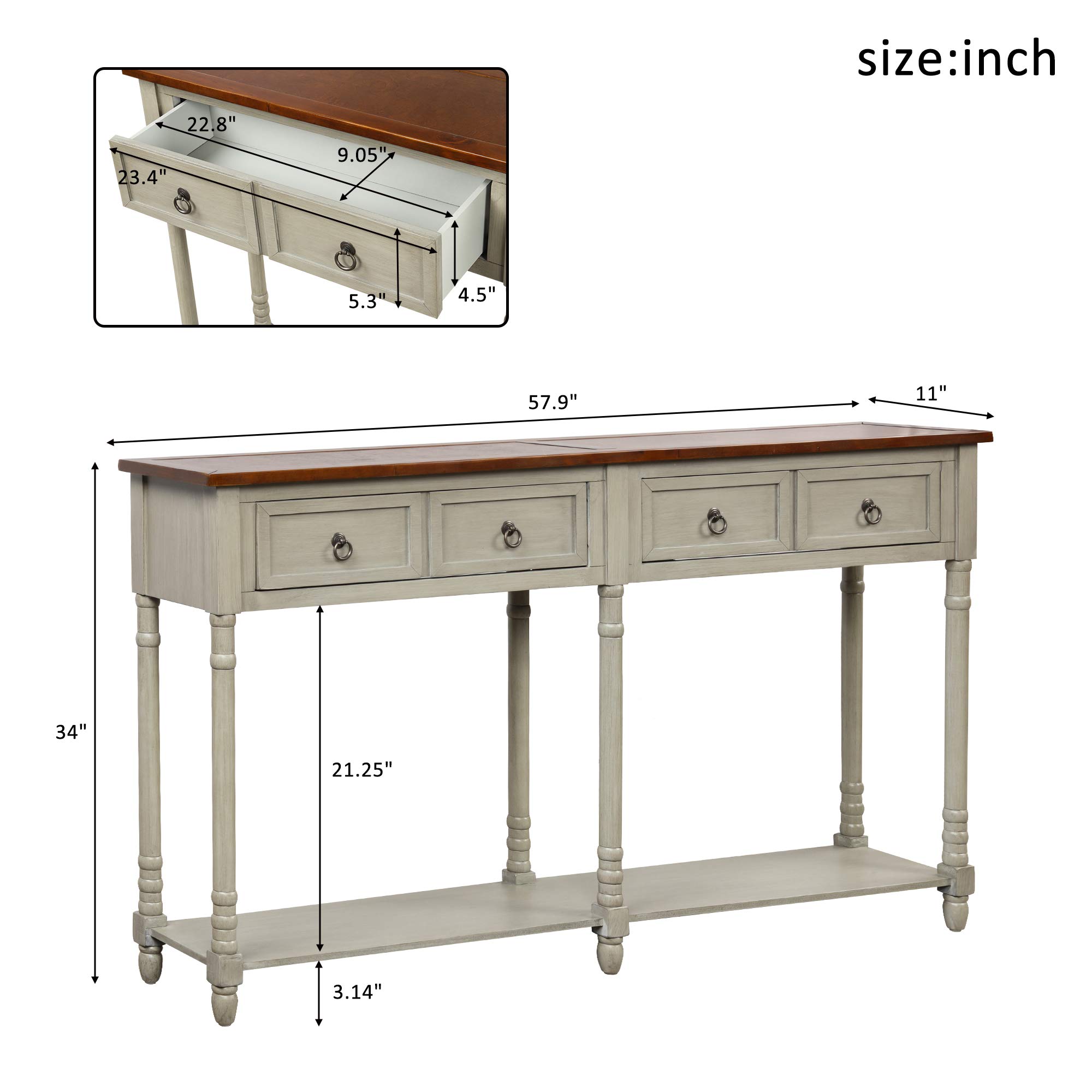 Solid Wood Console Sofa Table with 2 Large Storage Drawers, Rustic Entryway Table with Open Shelf - Modern TV Stand for Living Room, Bedroom & Entryway (Gray, Large) - Perfect for Small Space Organization & Home Decor