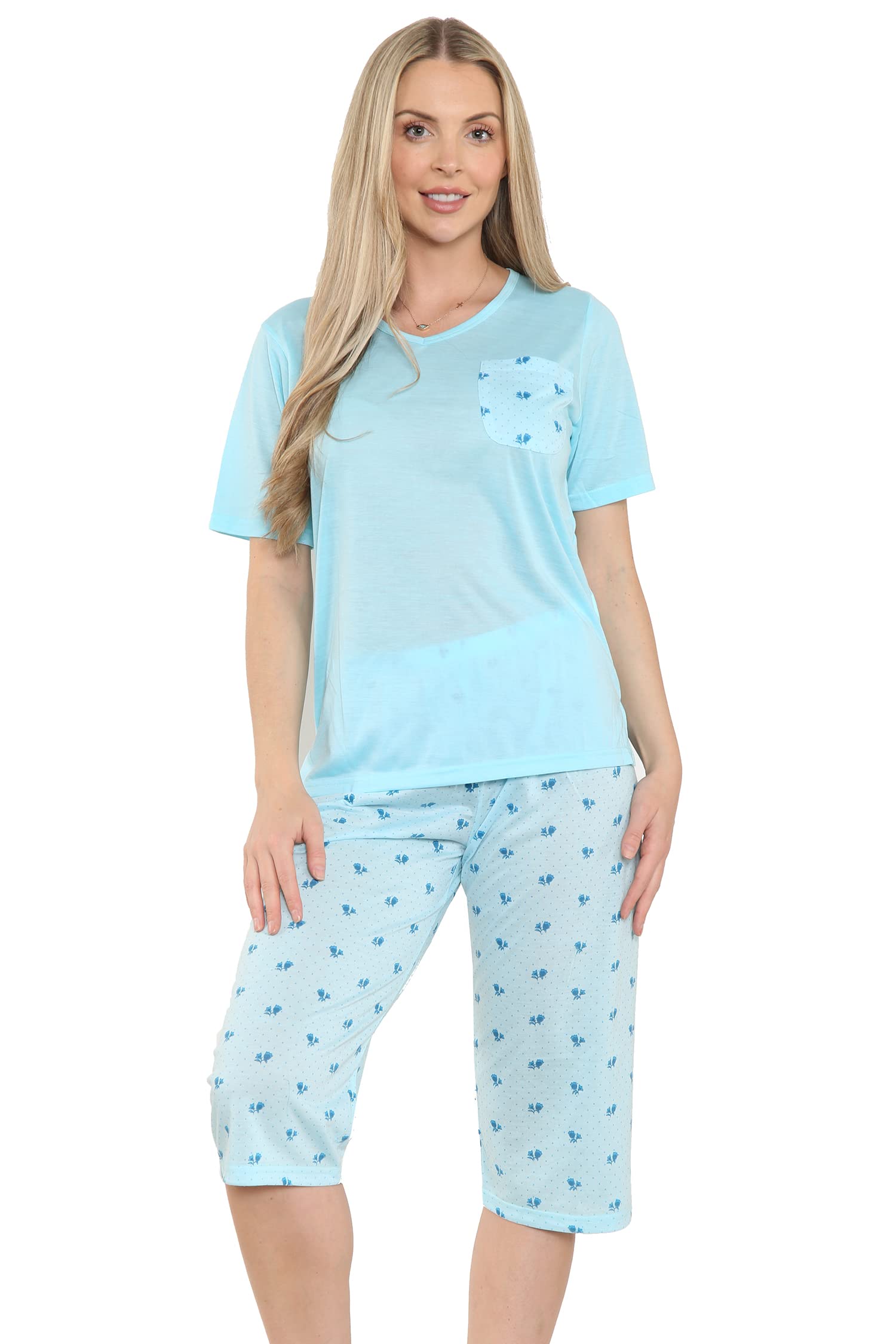 **Cozy Women's Cotton Blend Pajama Set - Short Sleeve Top & Cropped Pants for Lounge & Sleep | Comfy Casual Sleepwear for Relaxing at Home**