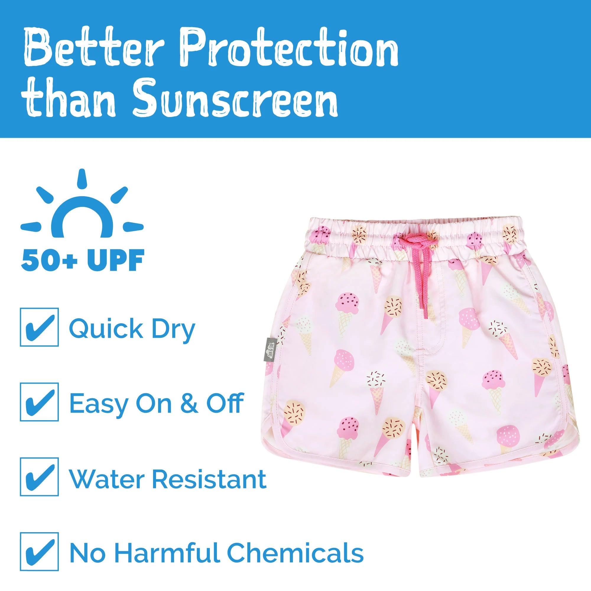 Jan & Jul Pink Ice Cream Toddler UV Swim Shorts - UPF 50+ Sun Protection for Kids - Perfect for Beach, Pool & Summer Outdoor Activities