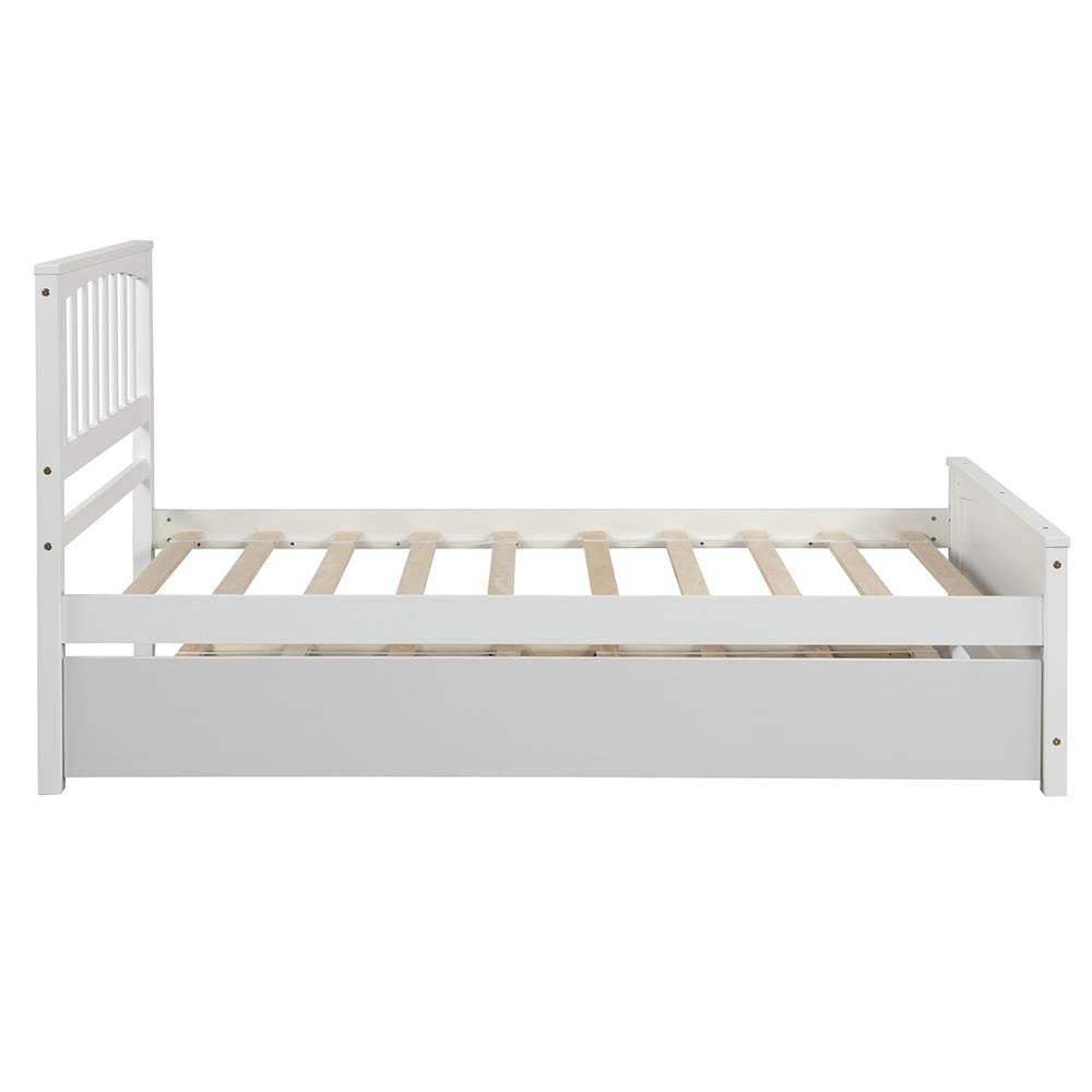 White Double Bed Frame with Rollers - Wooden Platform Bed Frame - Simple & Spacious Design - Easy to Move - Perfect for Small Apartments, Guest Rooms & Dormitories