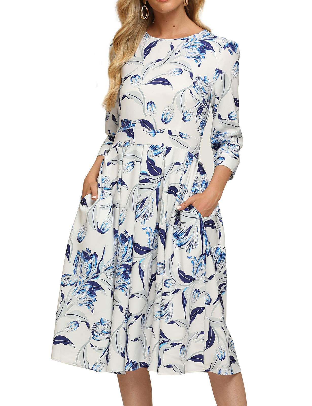 Vintage Floral Midi Dress for Women - Elegant 3/4 Sleeve Evening Gown | Perfect for Cocktail Parties, Weddings & Formal Occasions
