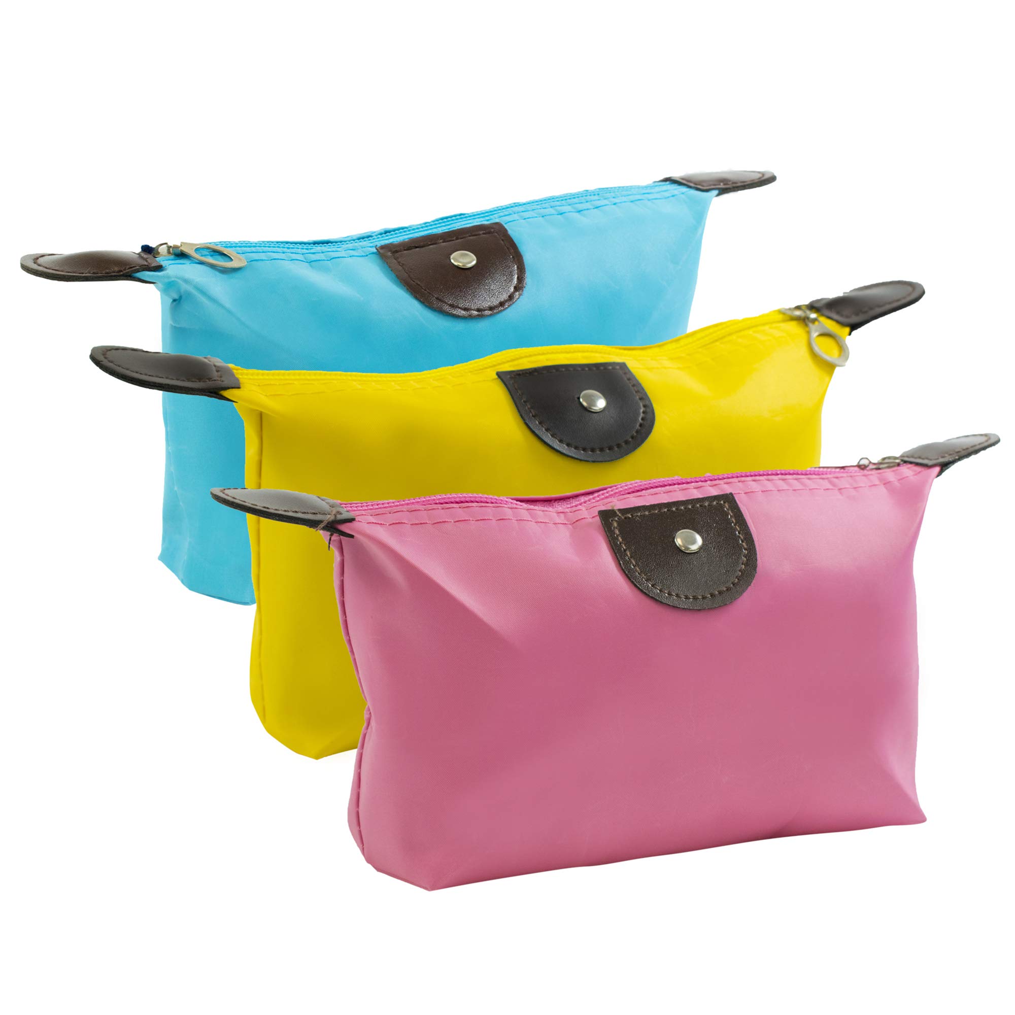 TRIXES 3-Piece Waterproof Travel Organizer Pouch Set for Makeup, Cosmetics, Toiletries & Accessories - Pink, Yellow & Blue - Perfect for Vacation, Gym & Daily Storage