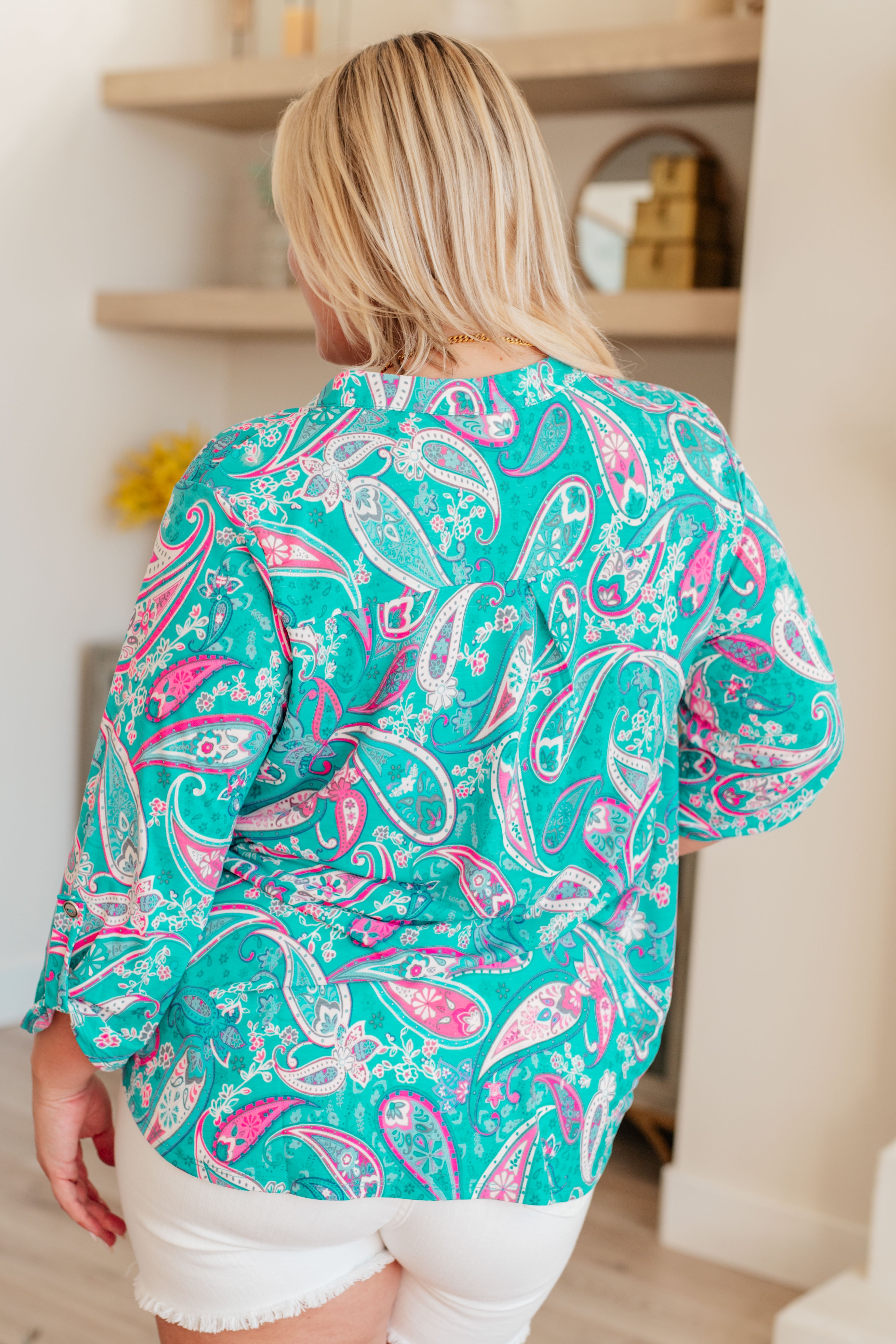 Dear Scarlett Aqua and Pink Paisley Lizzy Top - Women's Floral Print Blouse for Casual Wear, Date Night & Summer Outfits