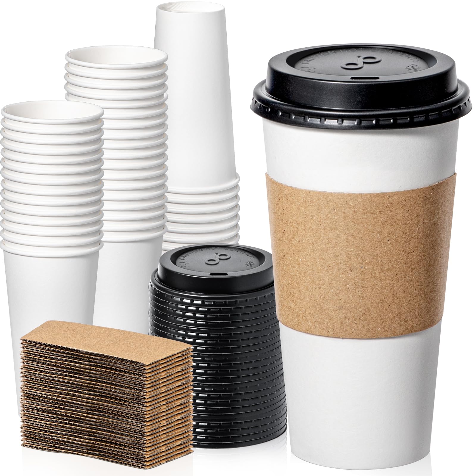50-Pack 20oz Disposable Coffee Cups with Lids & Sleeves - Leak-Proof To-Go Paper Cups for Hot Beverages - Durable Coffee Cups for Home, Office, Parties & Meal Prep - Perfect for Coffee Shops, Cafes & Office Break Rooms