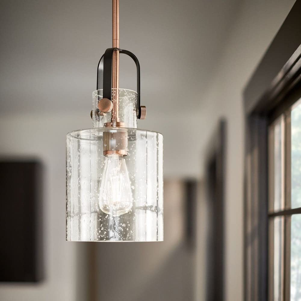 1 Light Contemporary Pendant Light Fixture with Clear Seeded Glass & Antique Copper Finish - Modern Dining Room, Kitchen Island or Entryway Lighting