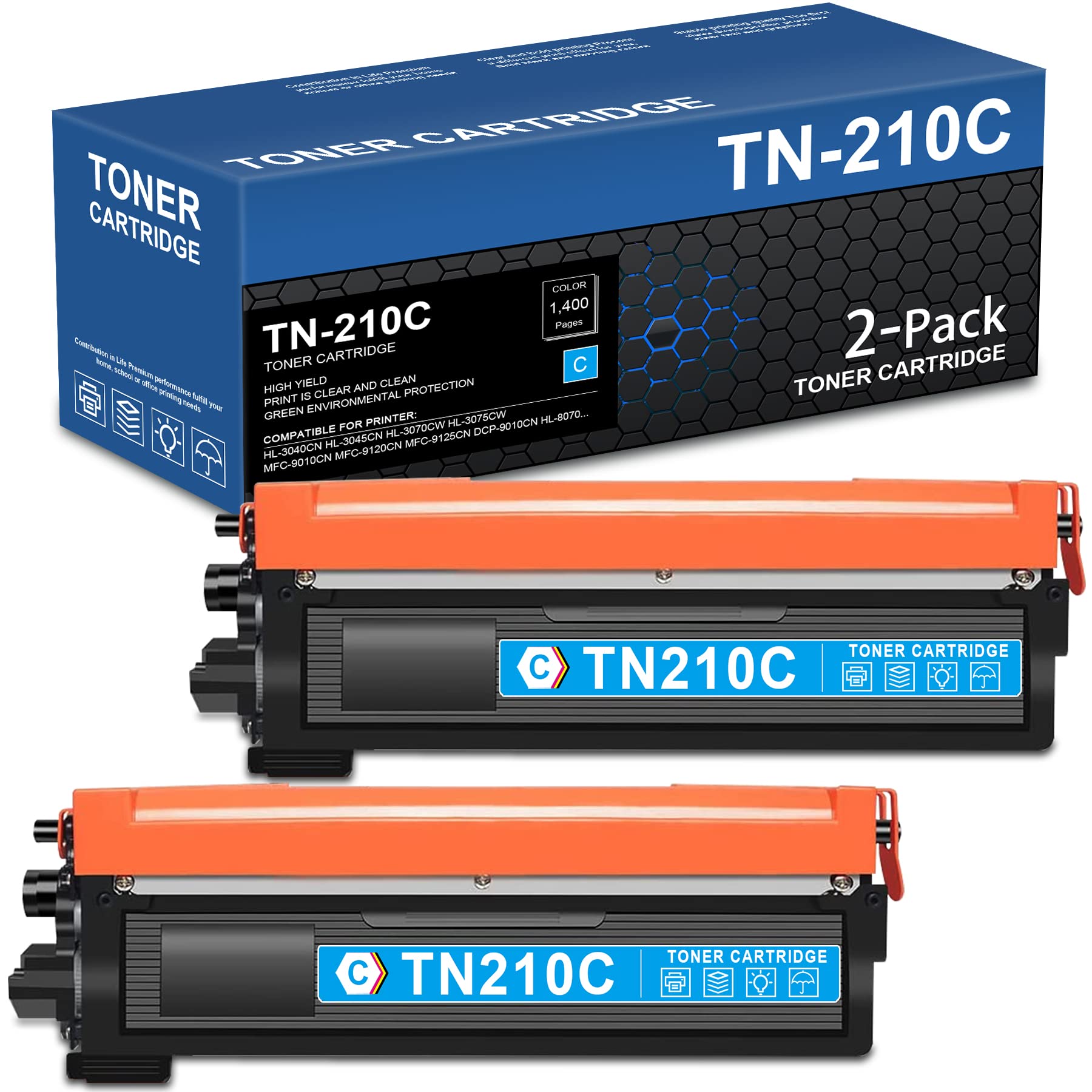 Brother TN-210C Compatible Toner Cartridge Replacement (2-Pack, Cyan) for HL-3040CN, MFC-9320CN/CW, MFC-9125CN, MFC-9325CW, HL-3045CN, HL-3070CW Printers - High Yield Printing for Office & Home Use