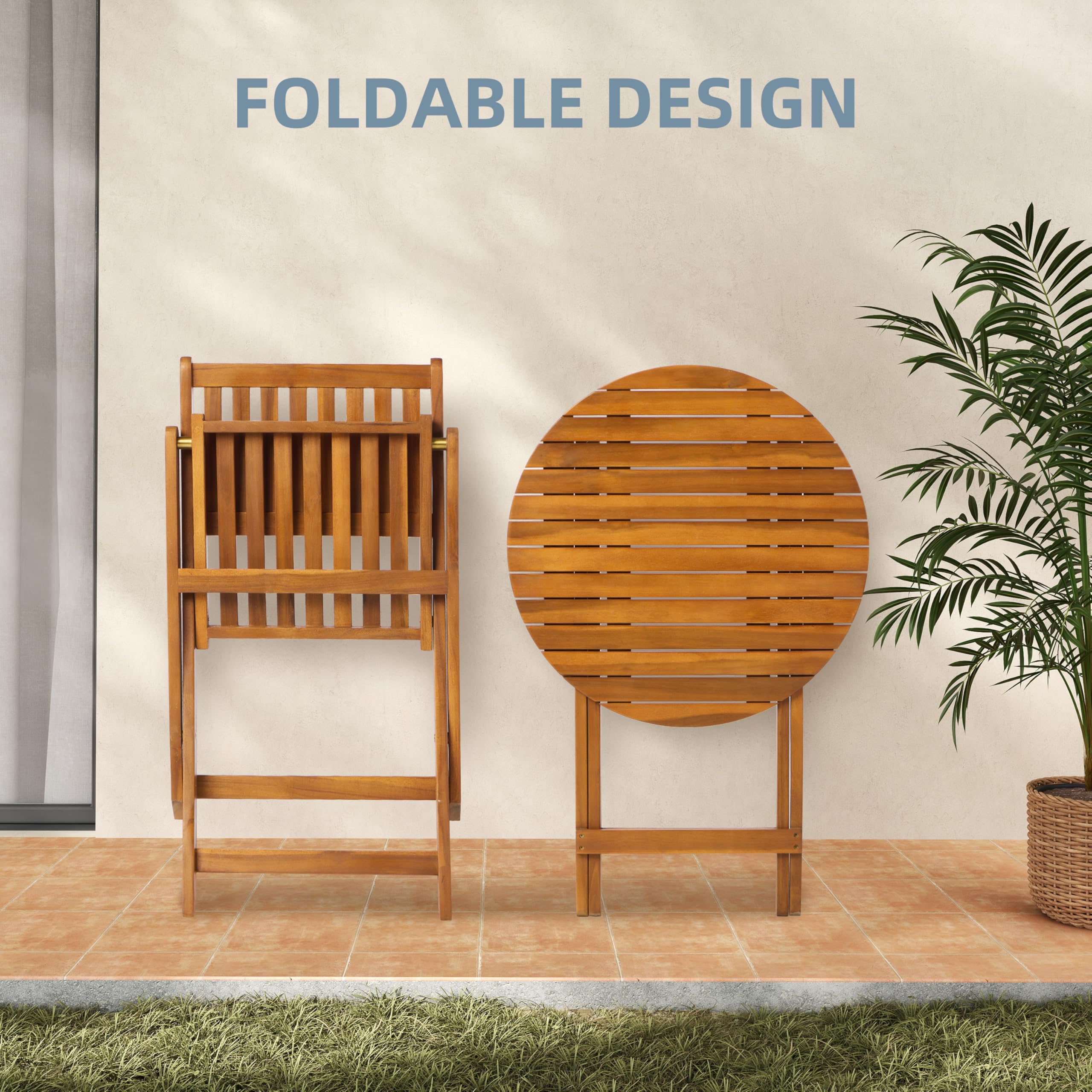 Mederlo 3-Piece Acacia Wood Bistro Set - Outdoor Folding Patio Furniture with 1 Coffee Table & 2 Chairs for Garden, Backyard, Balcony, Porch | Perfect for Small Spaces, Coffee Breaks & Relaxing Outdoors