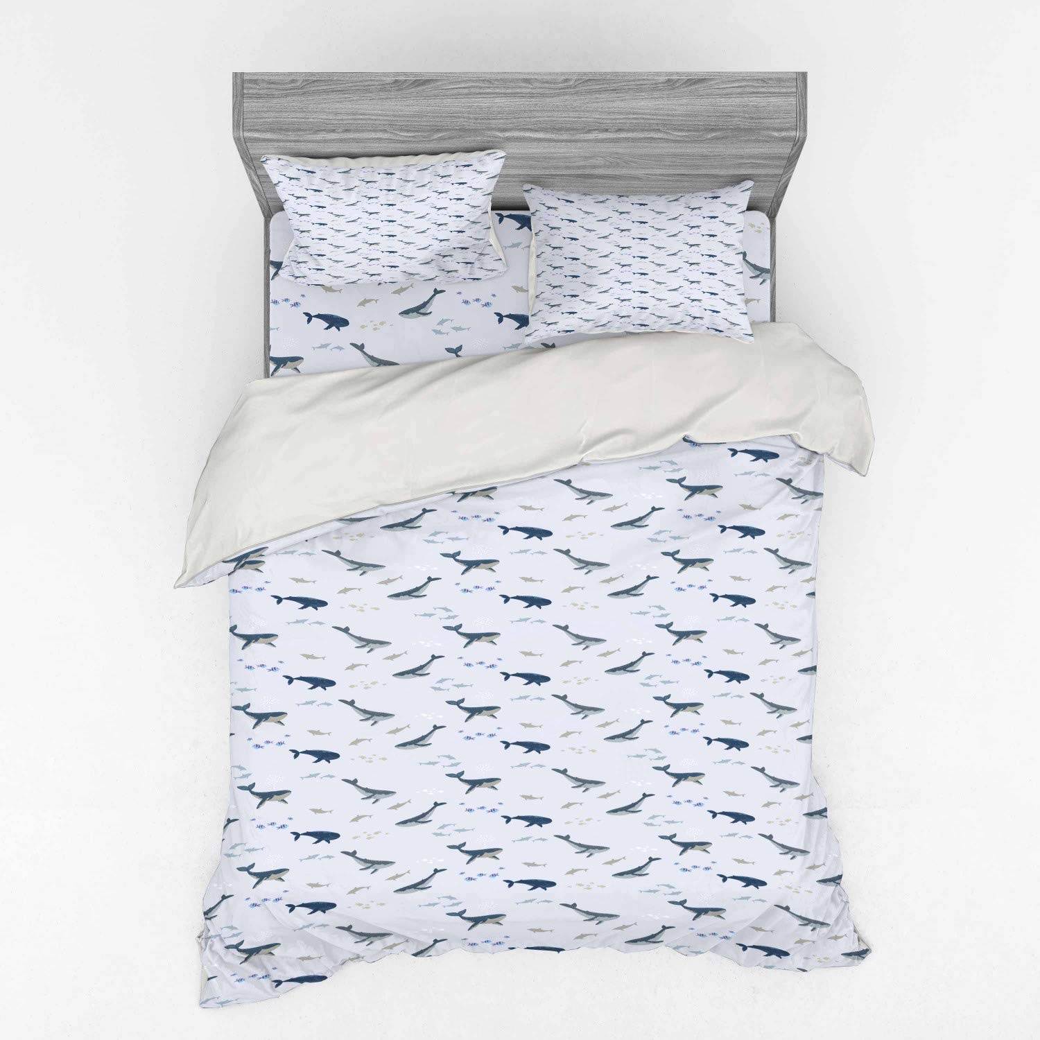 Ambesonne Nautical Queen Size 4-Piece Bedding Set - Summer Marine Themed Duvet Cover with Whales & Fishes Underwater Pattern, Includes Shams & Fitted Sheet, Pastel Purple & Multicolor - Perfect for Beach House, Kids Room & Coastal Decor