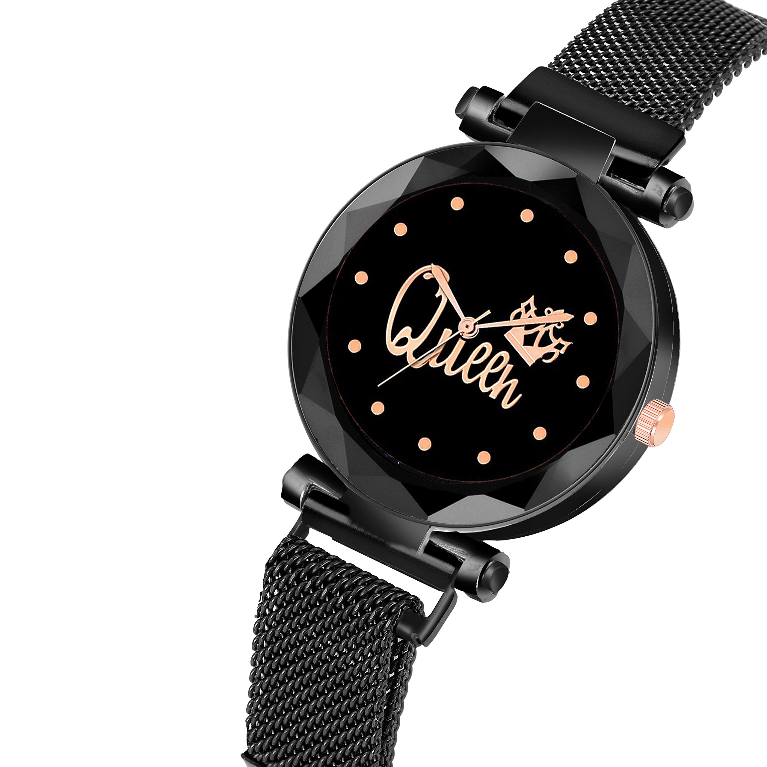 Elegant Casera Queen Dial Magnetic Strap Watch for Women - Black & Rose Gold | Perfect for Office, Party & Everyday Wear