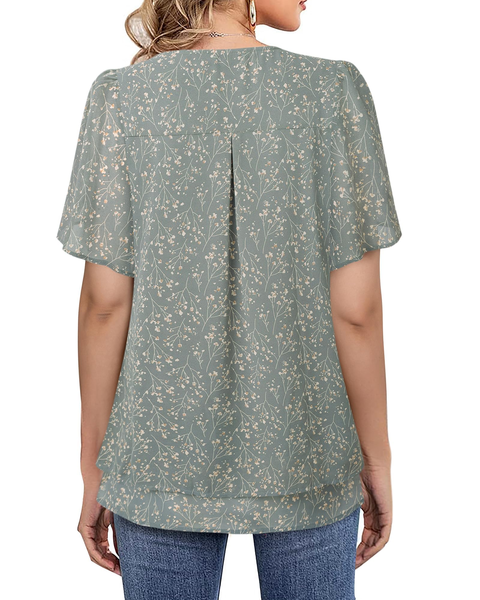 Gaharu Women's Ruffle Short Sleeve Blouse - Double-Layered Work Tunic Top for Office & Casual Wear | Elegant Flowy Shirt for Business, Date Night & Spring Outfits
