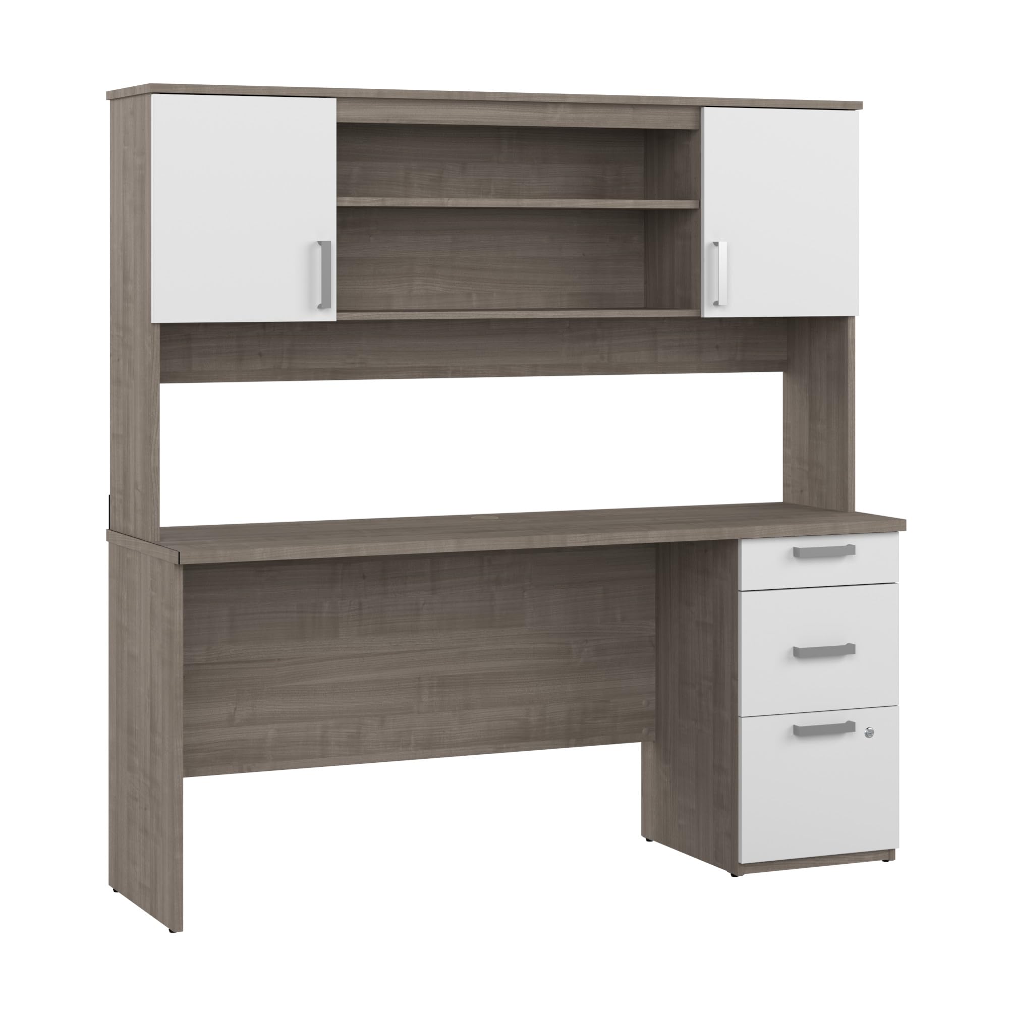 Bestar Ridgeley Computer Desk with Hutch - Silver Maple & Pure White, 65