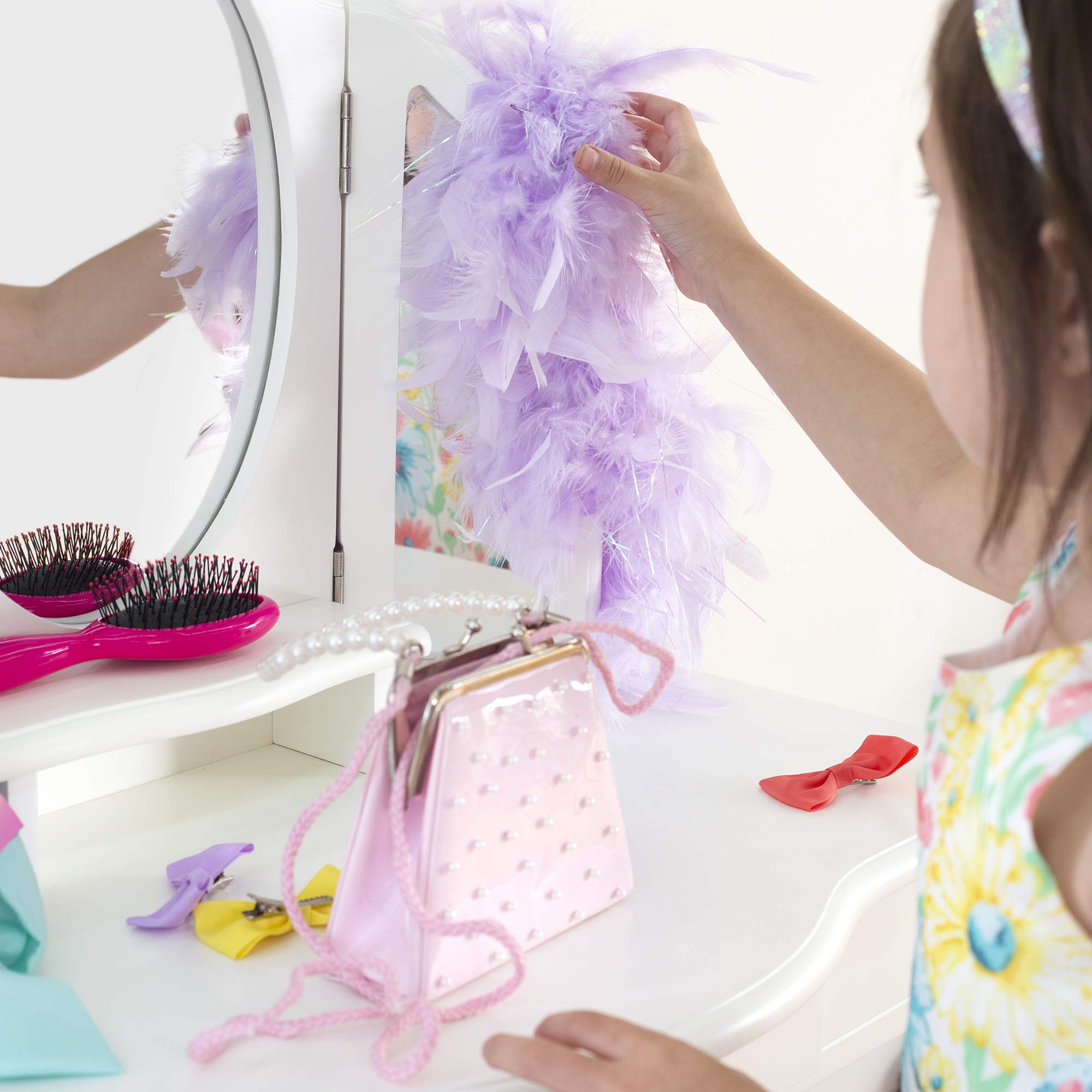 Guidecraft Classic White Kids Vanity and Stool Set - Wooden Pretend Play Makeup Table with Mirror & Storage Drawer for Girls Age 3-8 | Perfect for Bedroom Decor, Birthday Gifts & Imaginative Play