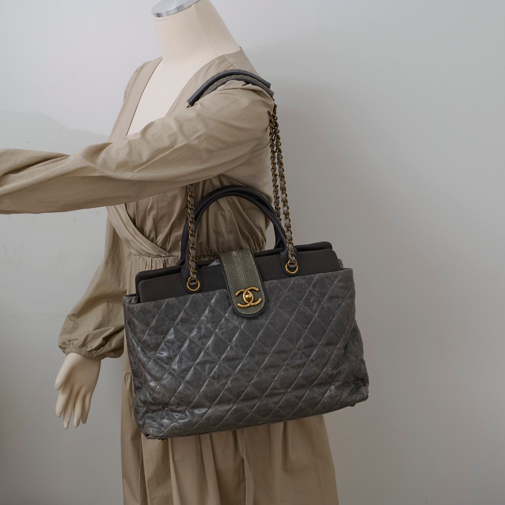 Chanel Quilted Leather & Stingray Handbag - Grey 16 Series Tote Bag for Women | Luxury Designer Shoulder Bag for Work, Travel & Everyday Use