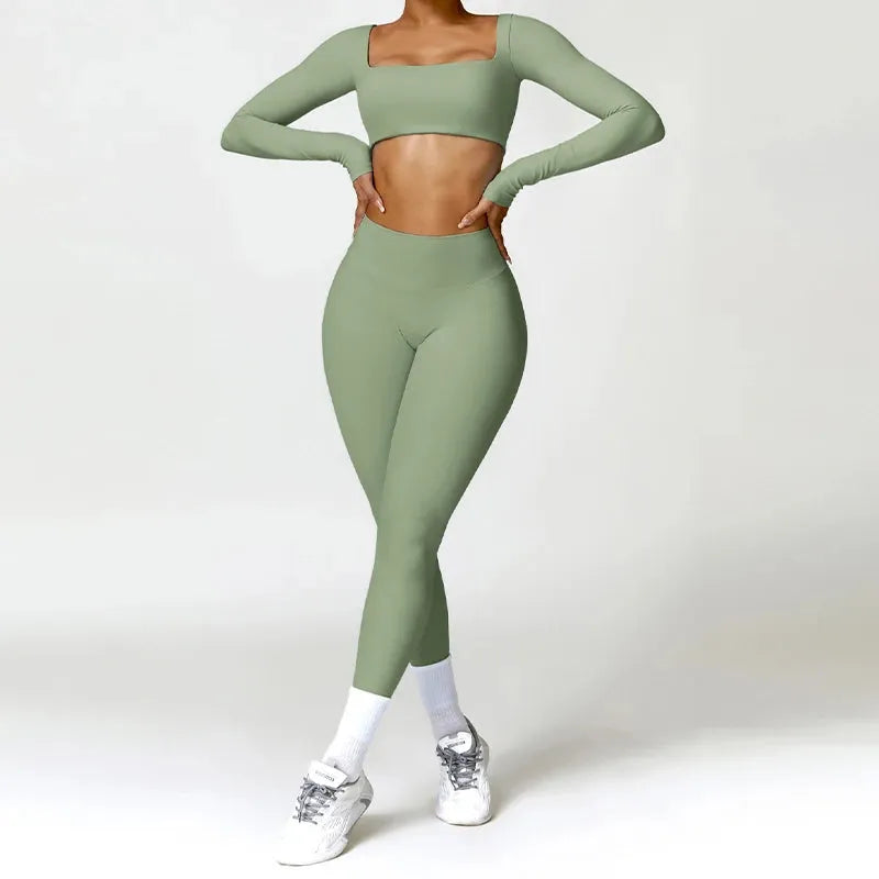 2PCS Women's Quick Dry Yoga Outfit - Long Sleeve Workout Top & Pants Set for Gym, Running, Pilates | Moisture Wicking Activewear for Yoga, Fitness & Casual Wear