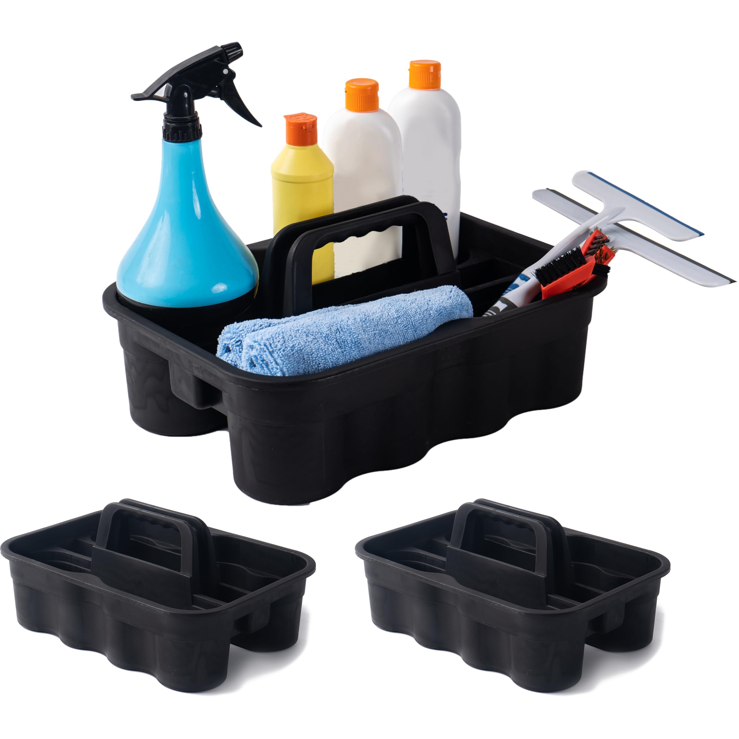 3-Pack Large Plastic Tote Caddy with Handle - Portable Storage for Cleaning Supplies, Bathroom & Kitchen Organization - Black