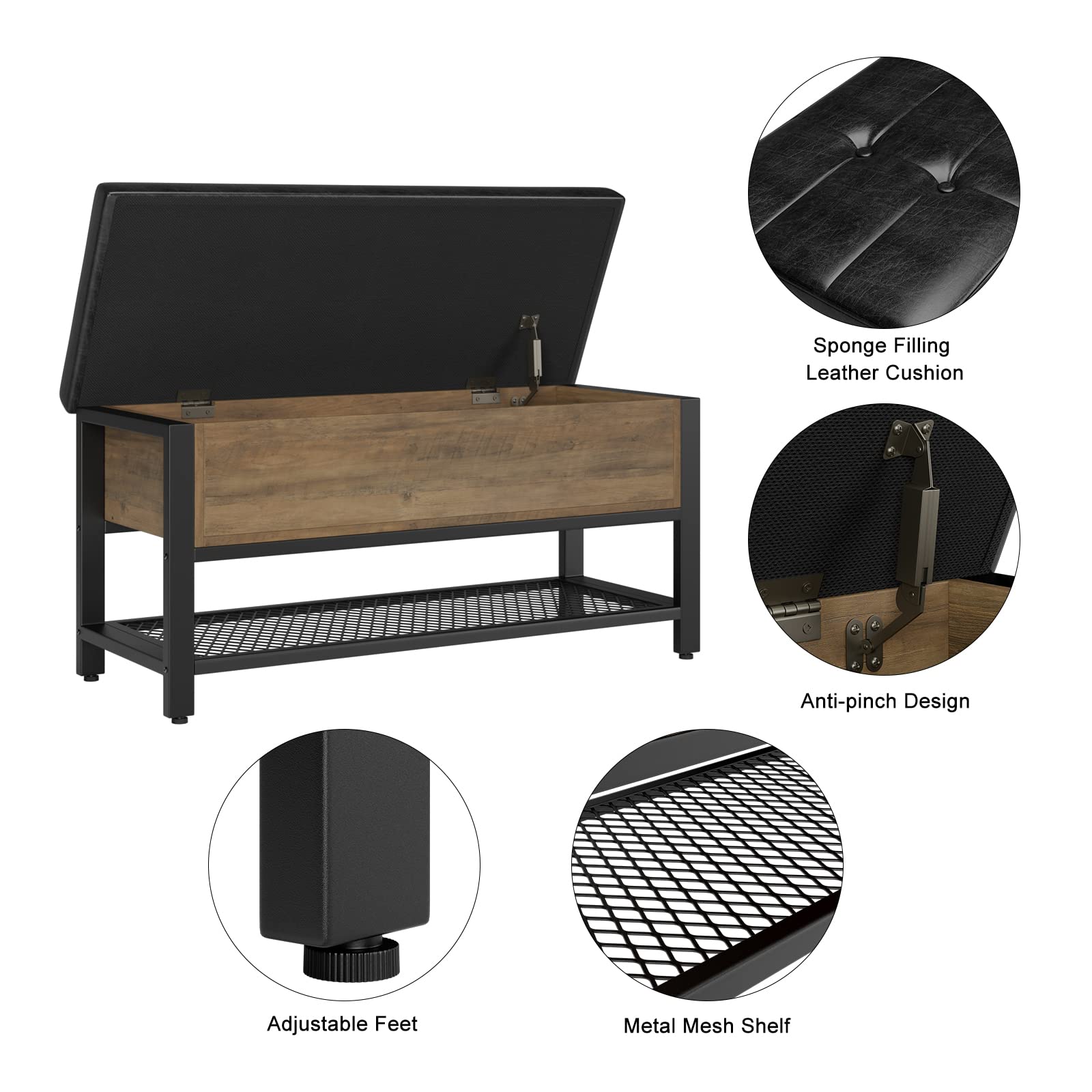 HOSTACK Storage Bench with Flip-Open Lid - Rustic Brown Entryway Shoe Bench, Bedroom Ottoman with Storage Shelf & Padded Seat - Perfect for Hallway, Living Room & Bed End Organization