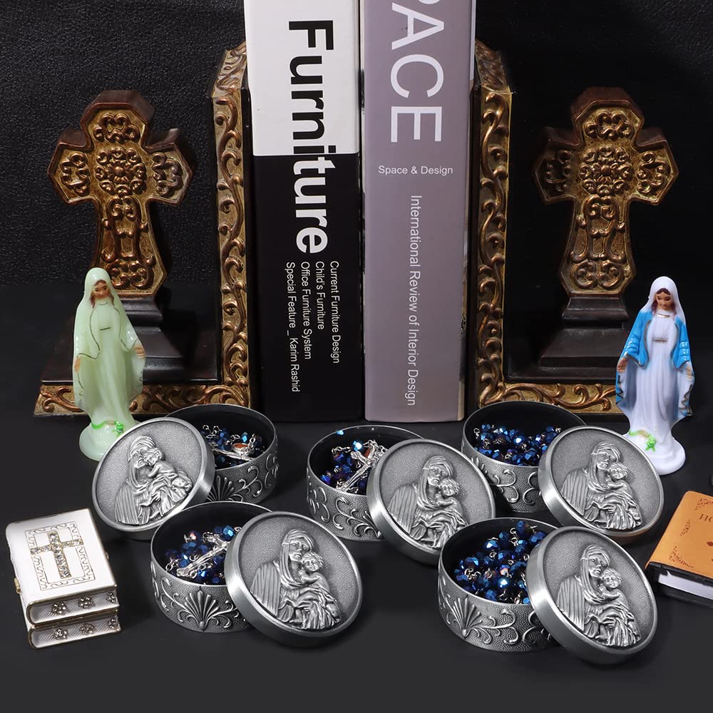Blue Crystal Rosary Beads Necklace for Women - Catholic Prayer Beads with Vintage Last Supper Jewelry Box - Christian Gifts for Baptism, First Communion & Daily Devotion