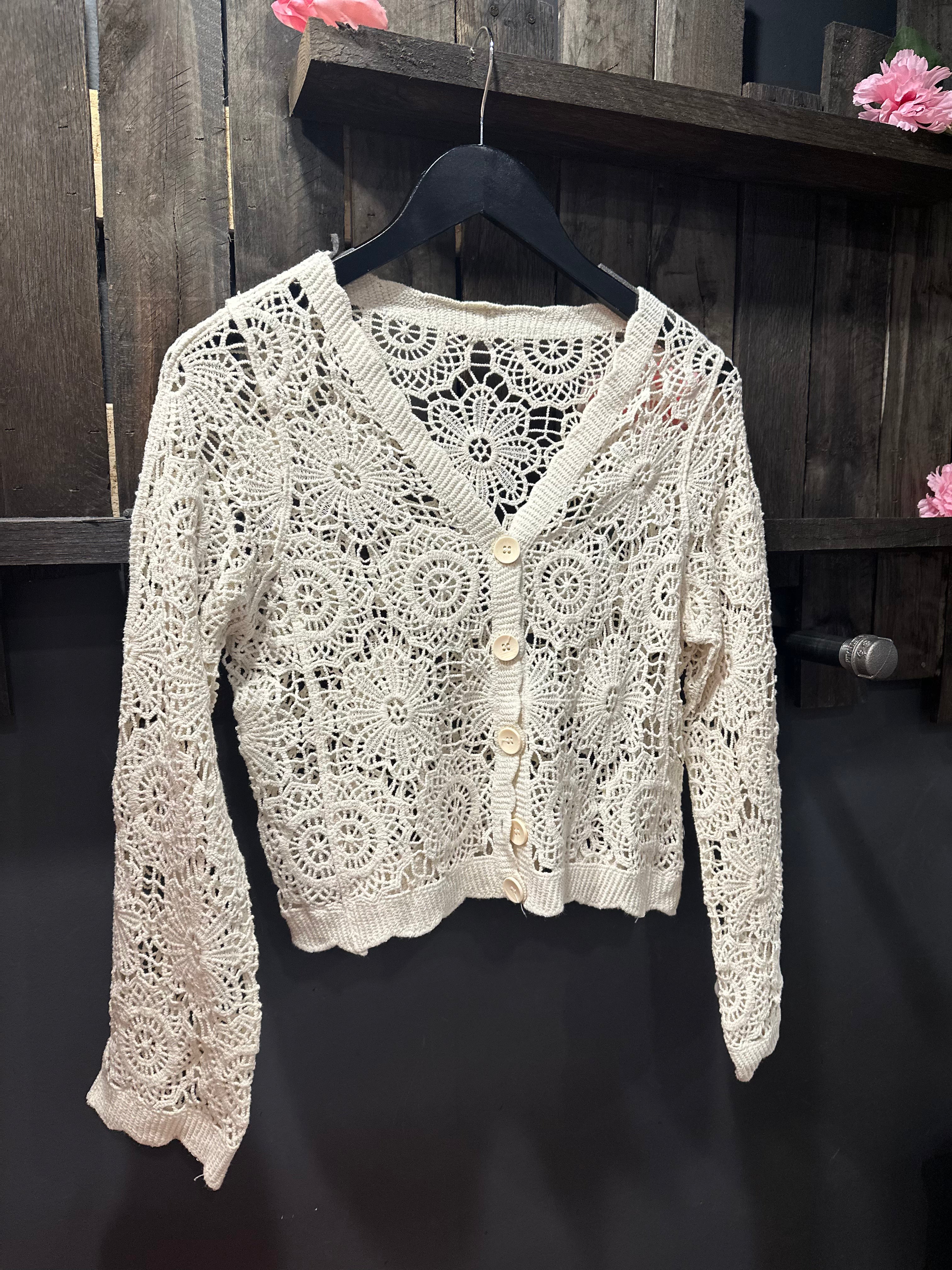 Stylish Scallop Trim Crochet Button-Up Cardigan Sweater for Women | Boho Chic Lace Knit Open Front Cover-Up | Perfect for Beach, Wedding & Spring Outfits