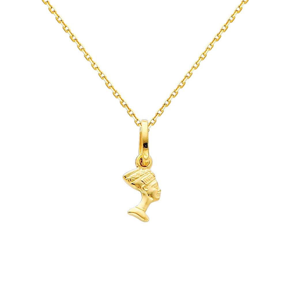 14K Yellow Gold Queen Nefertiti Charm Pendant Necklace with 0.9mm Oval Angled Cut Rolo Chain - Egyptian Jewelry Gift for Women, Perfect for Everyday Wear & Special Occasions