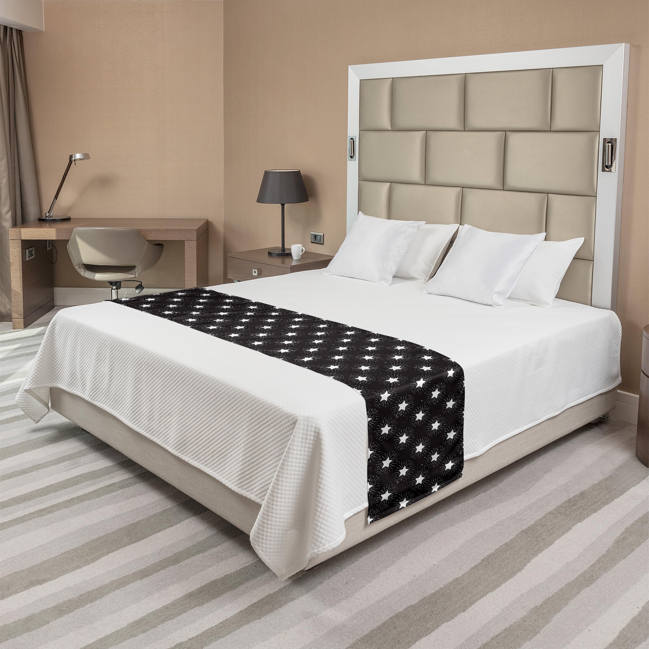 Ambesonne Black and White Stars Bed Runner - Grungy Doodle Stars & Rays Starburst Design - Decorative Bed Scarf for Hotels, Homes, Guestrooms - Perfect for Boho Bedroom Decor, Wedding Guest Beds & Airbnb Styling