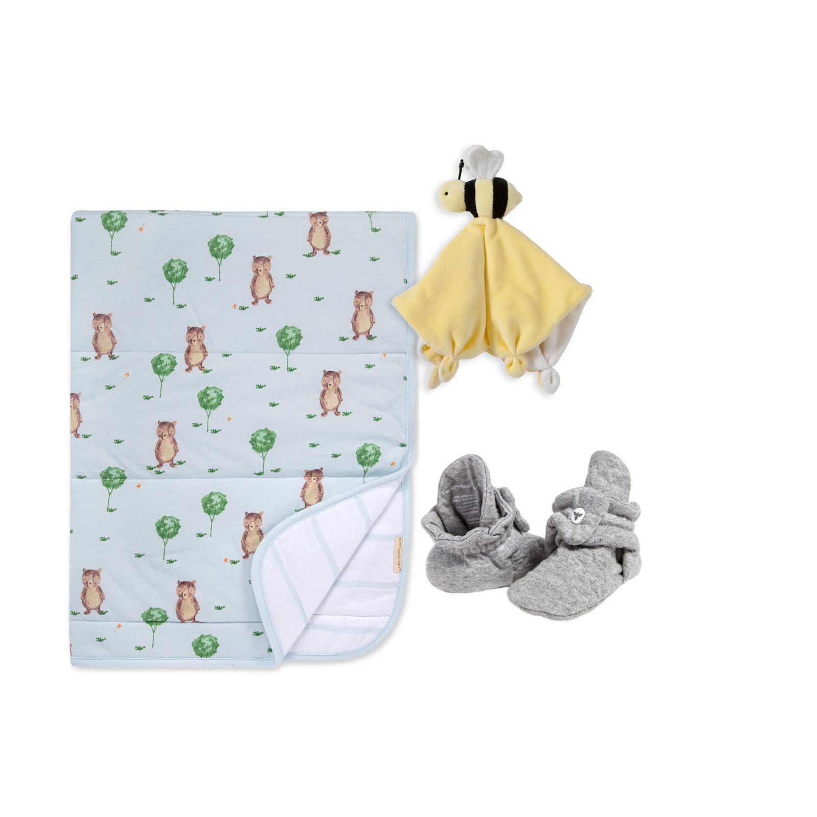 Burt's Bees Baby Unisex Organic Cotton Gift Set - Reversible Jersey Blanket, Adjustable Infant Booties & Plush Bee | Newborn Essentials Bundle for Baby Shower, Christening & Nursery Decor
