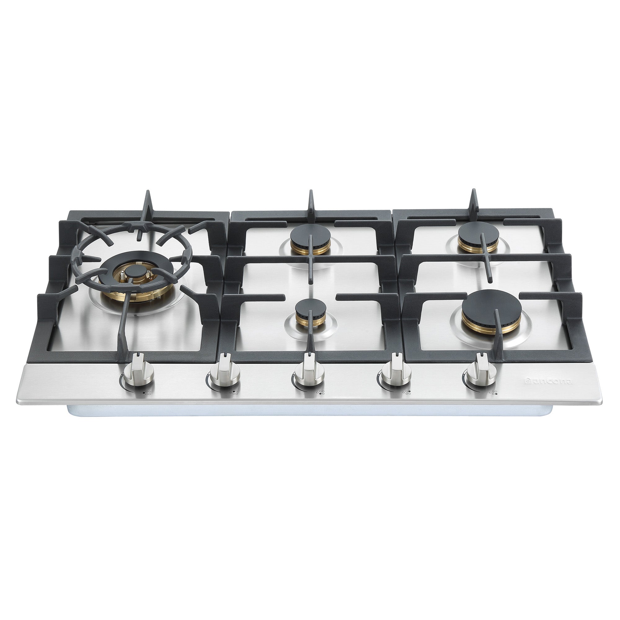 Ancona 34-Inch Stainless Steel Recessed Gas Cooktop with 5 Brass Burners & Cast Iron Wok Supports - Professional Kitchen Stove for Home Cooking, Stir-Frying & Heavy-Duty Use