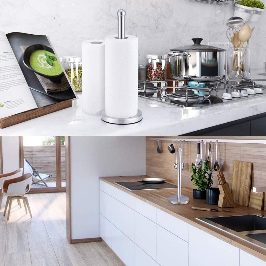 Stainless Steel Paper Towel Holder with Base - Vertical Design Countertop Towel Stand for Kitchen, Bathroom, Bedroom | Durable & Stylish Organizer for Disposable Paper Towels (Perfect for Cooking, Cleaning & Home Decor)