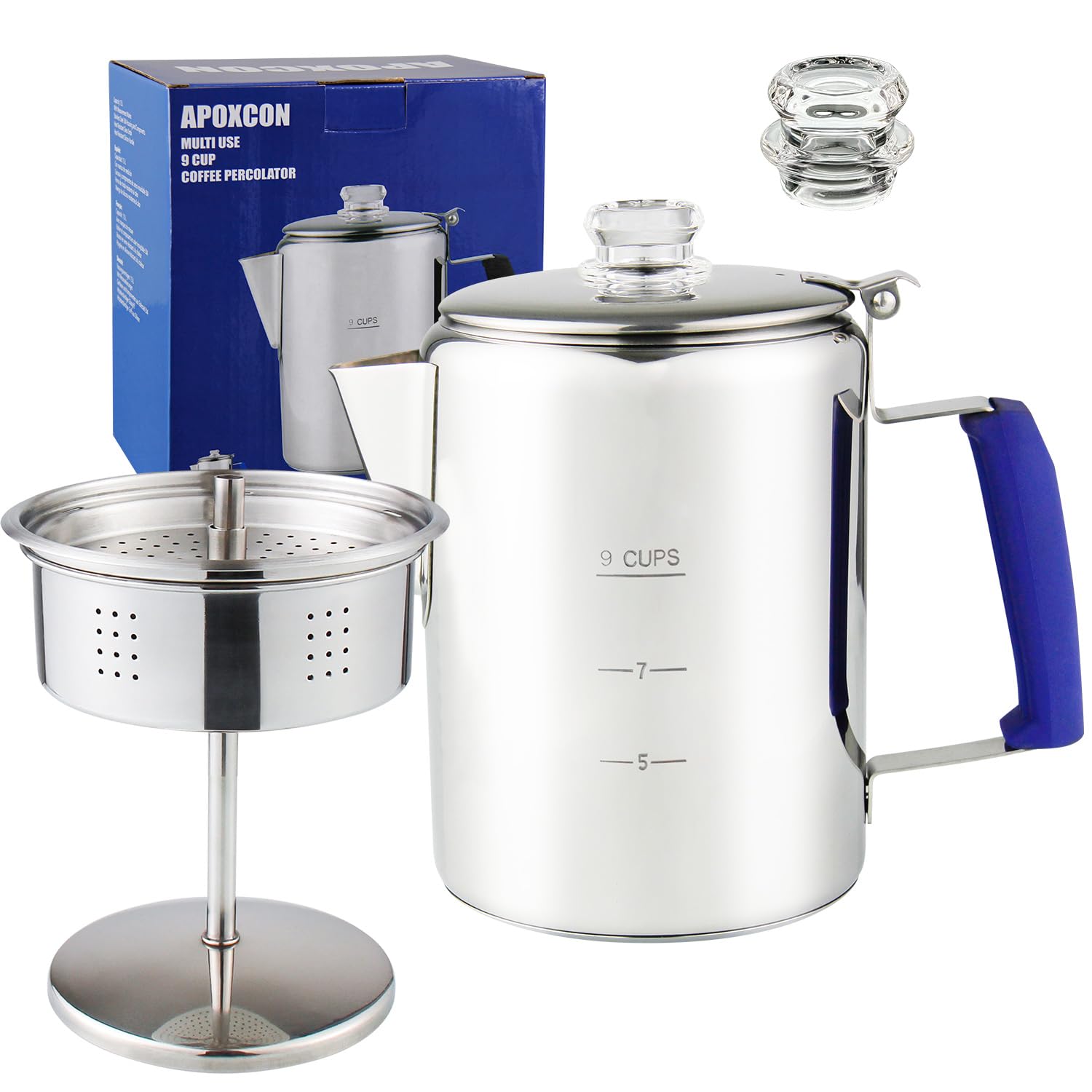 Premium Stainless Steel Stove Top Percolator Coffee Maker - 9 Cup Camping Coffee Pot with Borosilicate Glass Knob & Heat-Resistant Handle for Campfire, Induction Cooker & Home Use - Perfect for Outdoor Adventures & Daily Brewing