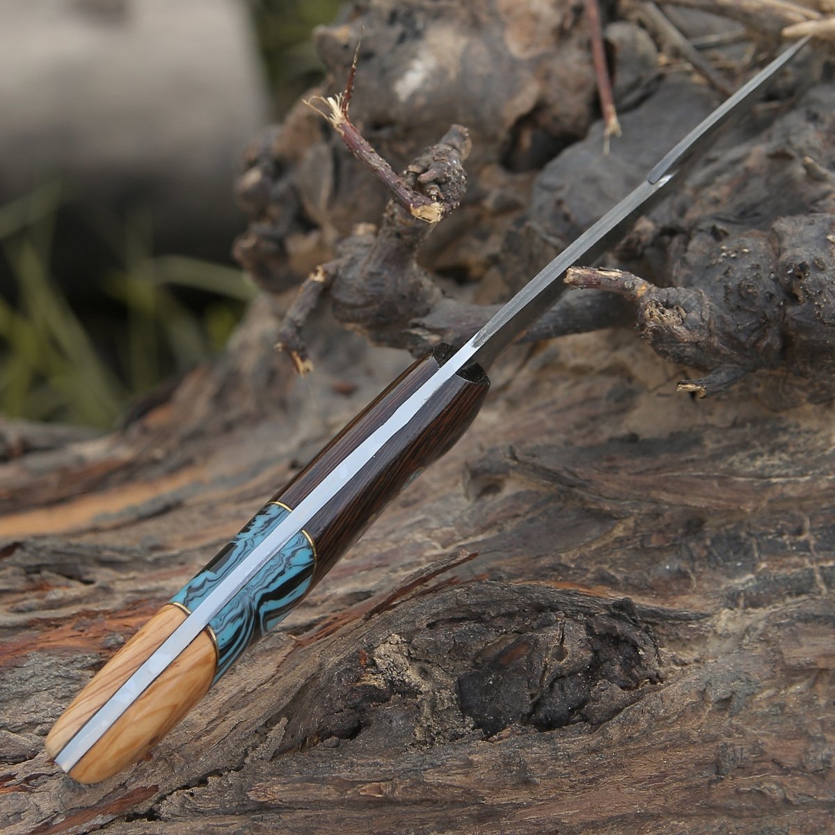 Premium Damascus Steel Gut Hook Knife - Exotic Wenge Wood & Turquoise Handle for Hunting, Camping & Outdoor Survival | Ideal for Field Dressing, Bushcraft & Wilderness Adventures