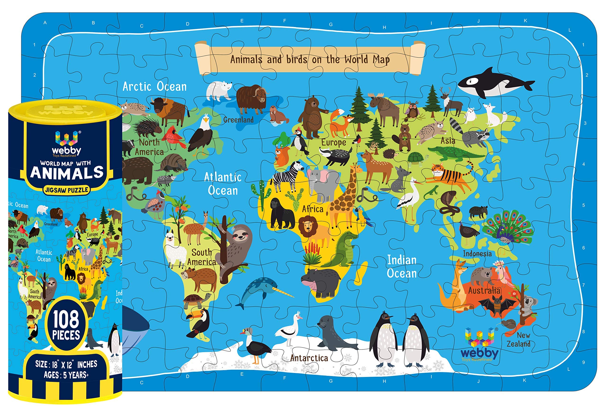 Webby World Map with Animals Jigsaw Puzzle - 108 Piece Educational Puzzle for Kids - Perfect for Learning Geography & Animal Habitats at Home or Classroom