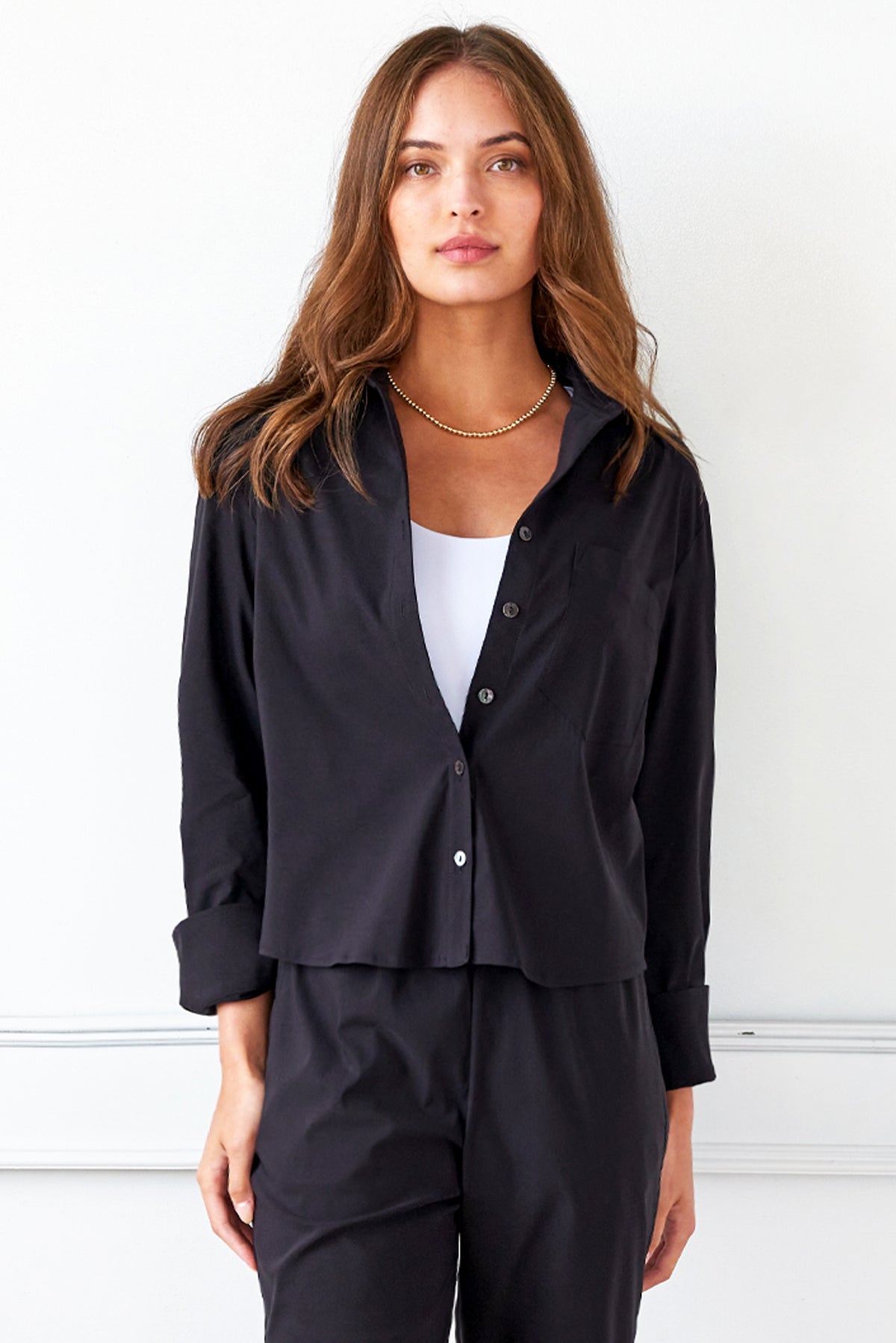 Andie Black Poplin Cropped Blouse for Women - Stylish Short Sleeve Button Down Shirt for Office Wear & Summer Outfits