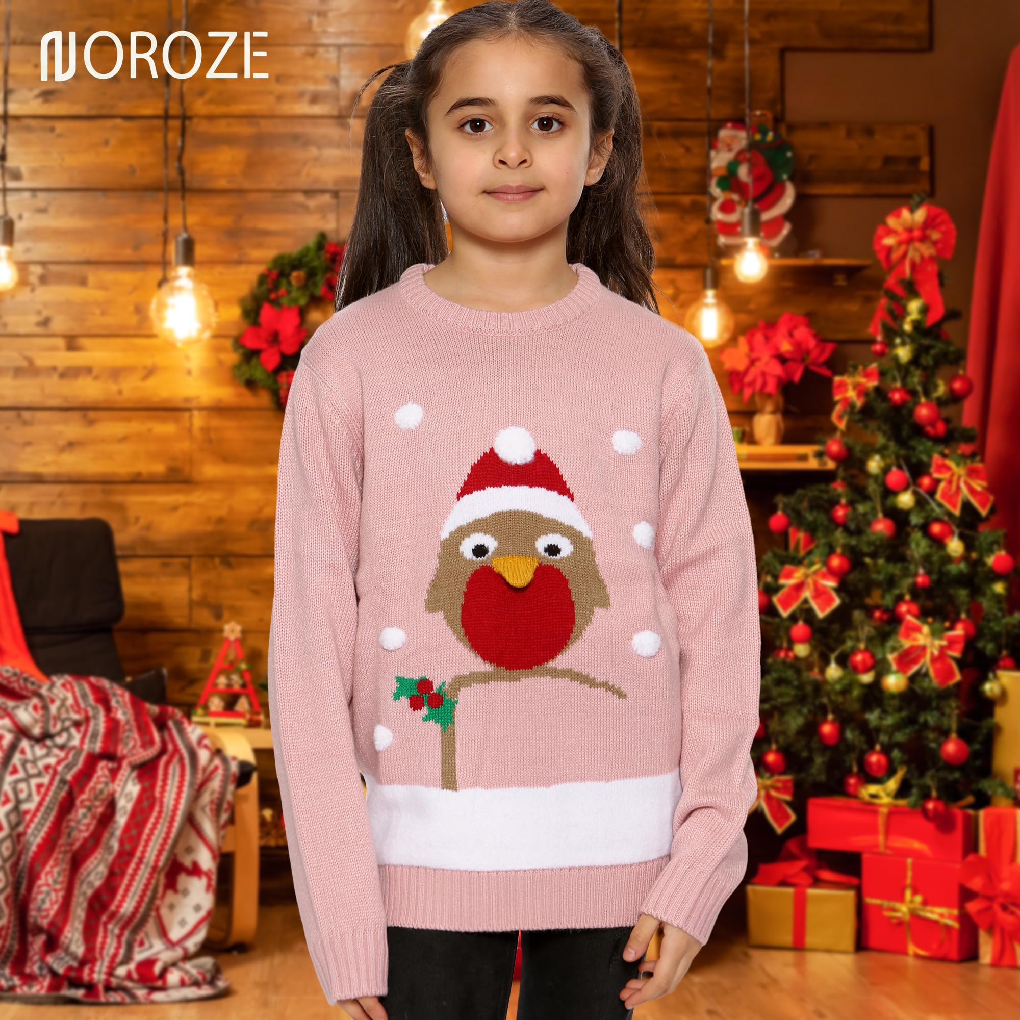 NOROZE Girls Christmas 3D Jumper - Kids Bird & Reindeer Retro Pullover Sweater - Cozy Holiday Outfit for Family Photos & Christmas Parties