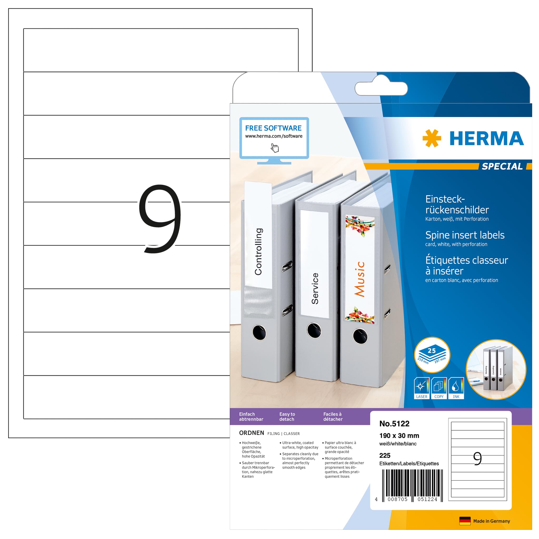 HERMA Spine Inserts with Micro-Perforation - 225 Blank Labels (9 per A4 Sheet, 25 Sheets) 190x30mm for Lever Arch Files - Compatible with Laser & Inkjet Printers - White | Perfect for Office Organization, File Sorting & Document Management