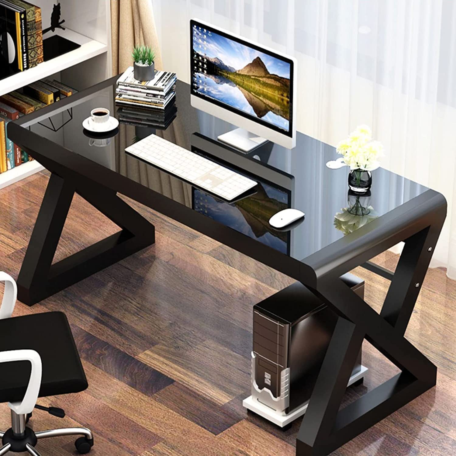 SAMERY 55.1 Inch Modern Black Glass Computer Desk - Home Office, Study, Gaming & Writing Table with Fashion Strength Tempered Glass for Laptop & Office Use