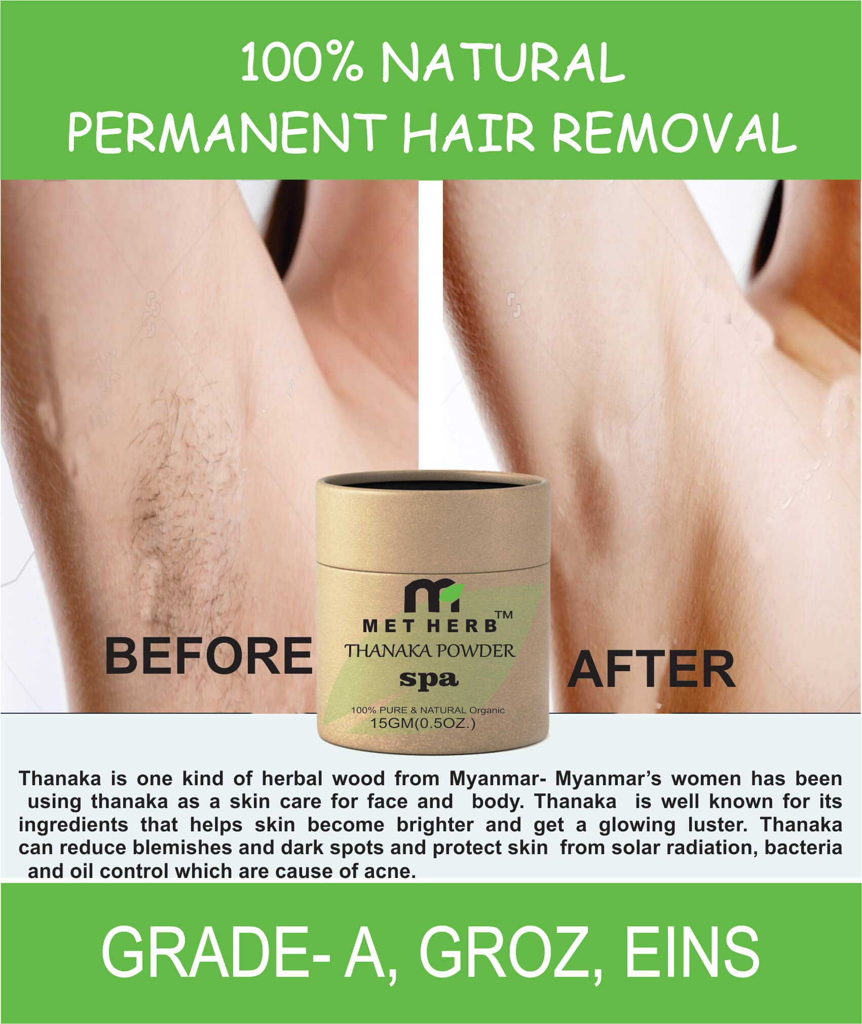 Organic Metherb Thanaka Powder 15g - Natural Hair Removal, Eco-Friendly Packaging | Safe for Face & Body, Gentle on Skin for Smooth Results - Perfect for Home Spa & DIY Beauty Treatments