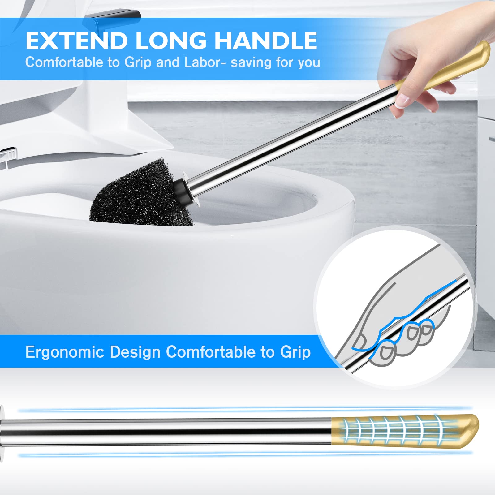 Stainless Steel Toilet Brush & Holder 2-Pack - Durable, Ergonomic for Bathroom Cleaning