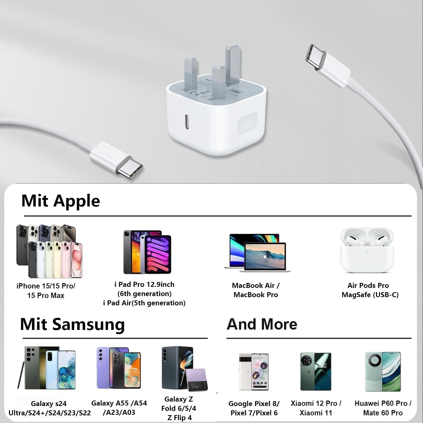 20W USB-C Fast Charger with 6ft Cable for iPhone 15/16 Series & iPad - Quick Charging Plug & Type-C to Type-C Cable - Perfect for Home, Office & Travel Charging Needs